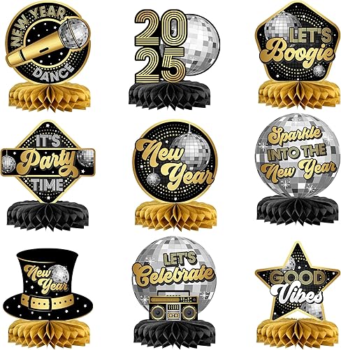 KatchOn, Decoraciones de centros de mesa de nido de abeja de Año Nuevo, paquete de 9, centros de mesa NYE  Centro de mesa de año nuevo disco 3D para