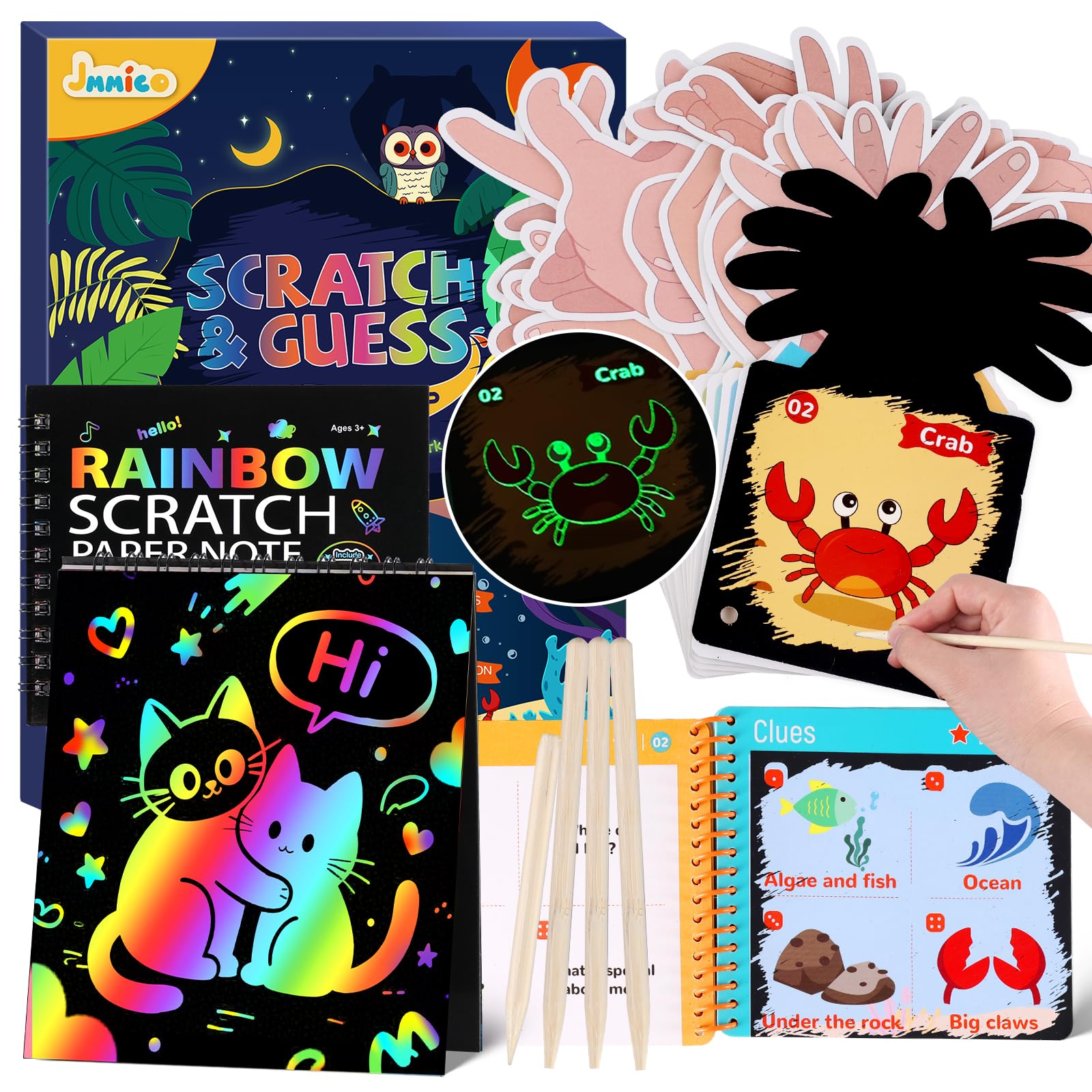 JMMICO Scratch Art for Kids, Glow-in-The-Dark Scratch & Guess Animal Cards, Crafts for Kids Ages 4-8 with 2 Pack Rainbow Scratch Paper, Arts and Crafts Kits, Travel Party Gifts for Girls Boys