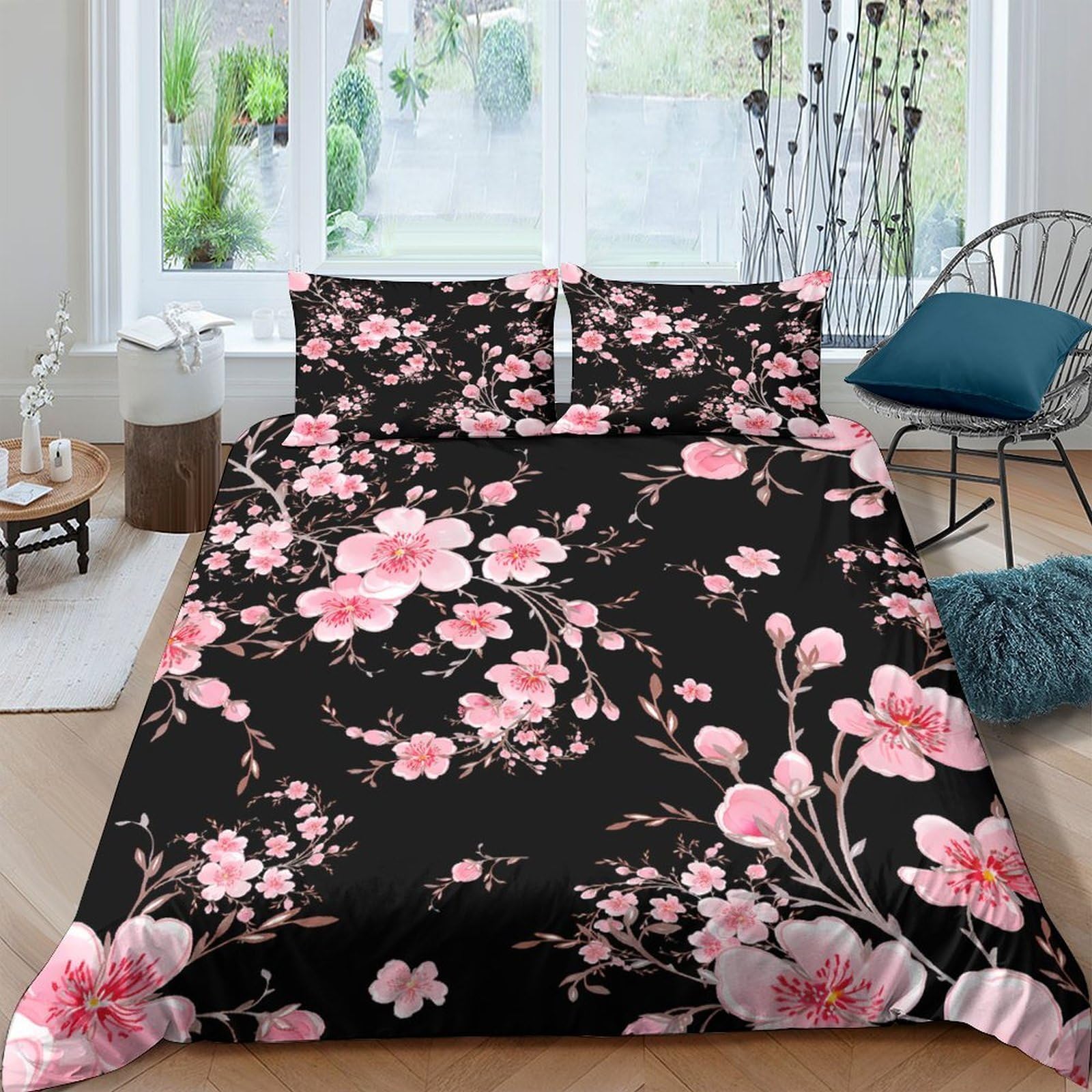 Ctjqhvkz Style-7 3D Printed Sakura Blossom Fitted Sheet Microfiber Soft Black Floral Mattress Cover For Bedroom Dorm Decoration Single（135X200cm）