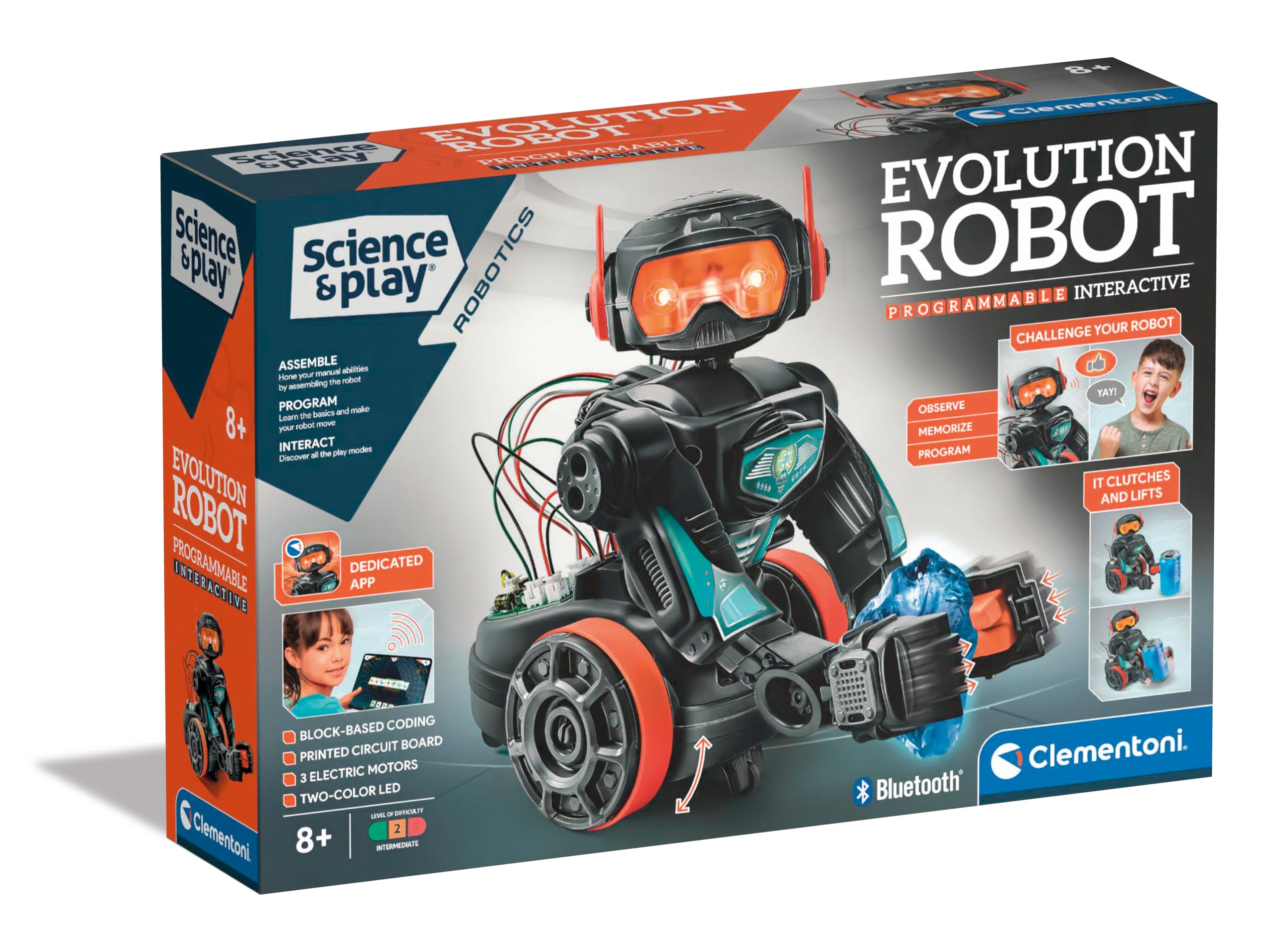 Clementoni Science & Play Evolution Robot 2.0, STEM Toy for Boys, Build & Program a Bluetooth Robot with Coding App, Moving Arms & LED Lights, Ages 8+, English Version, 75111