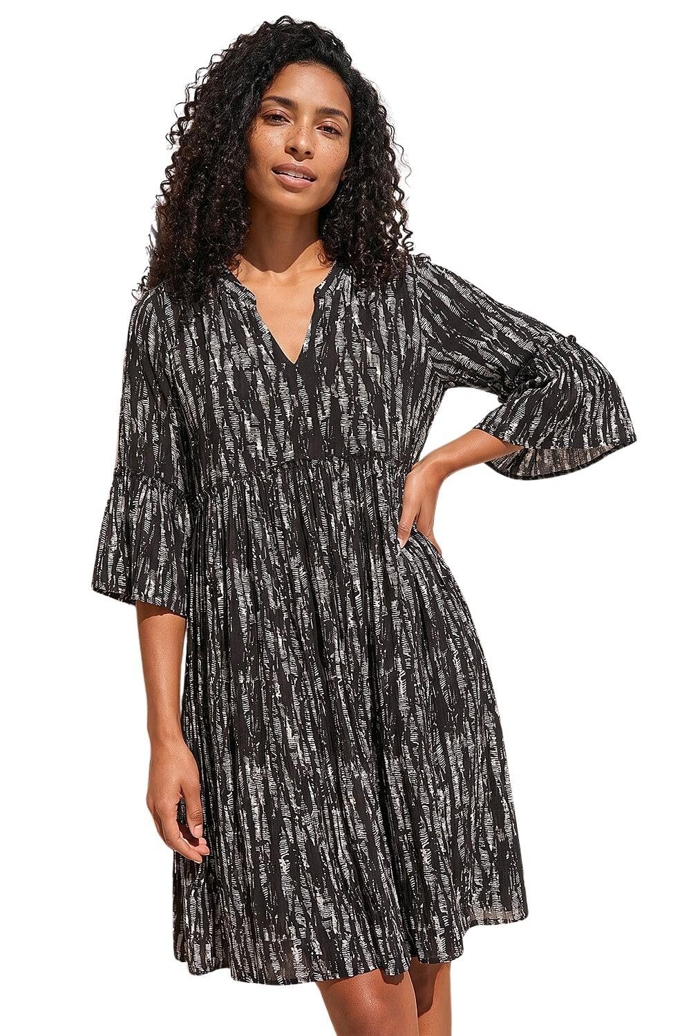 Roman Women's Black Abstract Crinkle Smock Dress In | Size: 10