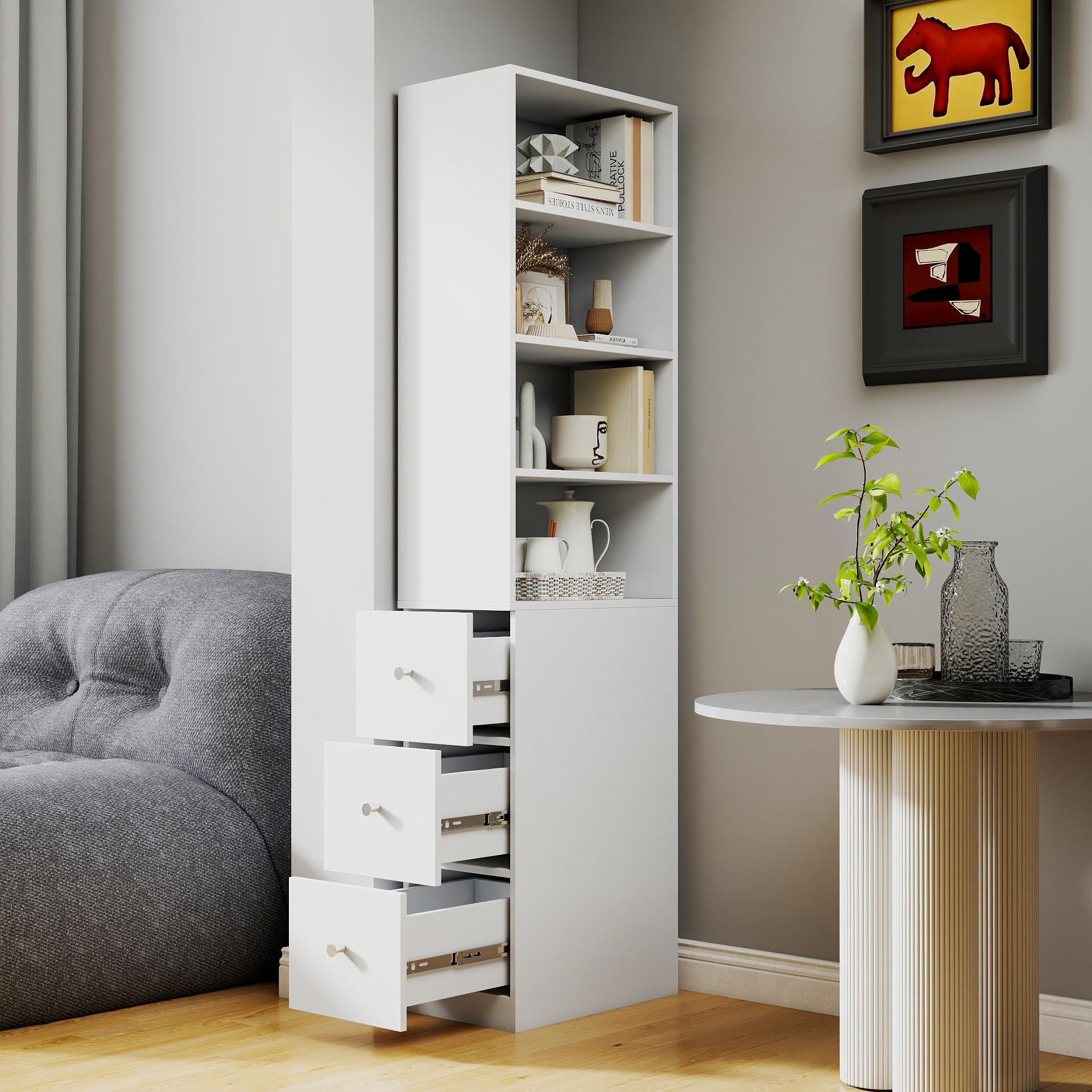 71" Tall Bookcase with 4-Tier Shelf and 3 Side Drawers, Narrow Display Storage Cabinet for Living Room Home Office, White