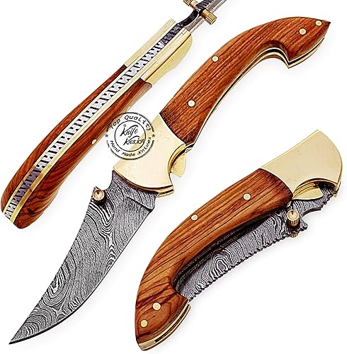 Hermoso cuchillo de bolsillo plegable de acero de Damasco de 7.25 pulgadas con refuerzo de latón, 100% de primera calidad