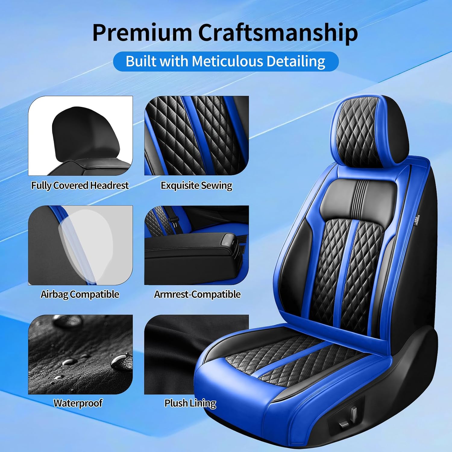 Fit Cobalt Car Seat Covers (Front Pair) for Chevy/Chevrolet Cobalt 2005-2010, Premium Full Coverage Leather, Airbag Compatible, Waterproof & All Weather Seat Cushion Protector, Black+Blue