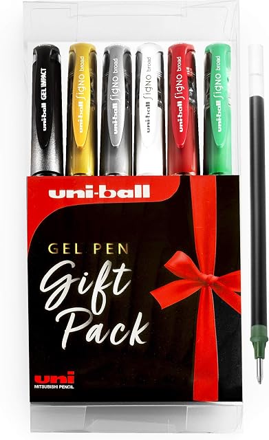 uni-ball Writing Set - UM-153 Signo Gel Ink Rollerball Pens - Broad Nib - Gift Set of 6 Assorted Colours in Wallet + Black Refill