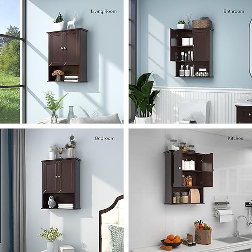 Miniatura 7 de VANIRROR Armario de pared para baño, color marrón, sobre inodoro, 24 x 30 pulgadas, armarios de madera para medicamentos montados en la pared con 2