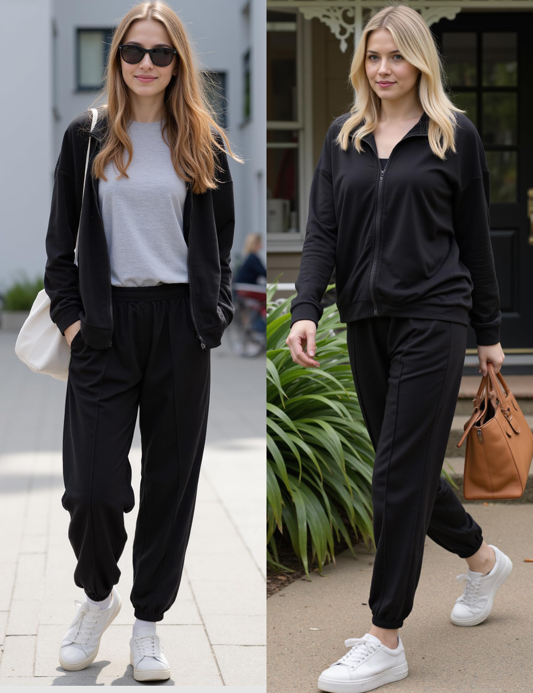 Terecey Jogginganzug Damen Langarm Trainingsanzug Freizeitanzug Lässig Hausanzug Set Zweiteiler Reißverschluss und Taschen Jacke und Kordelzug Lang Hose Set für Sport FitnessTraining S-XXL