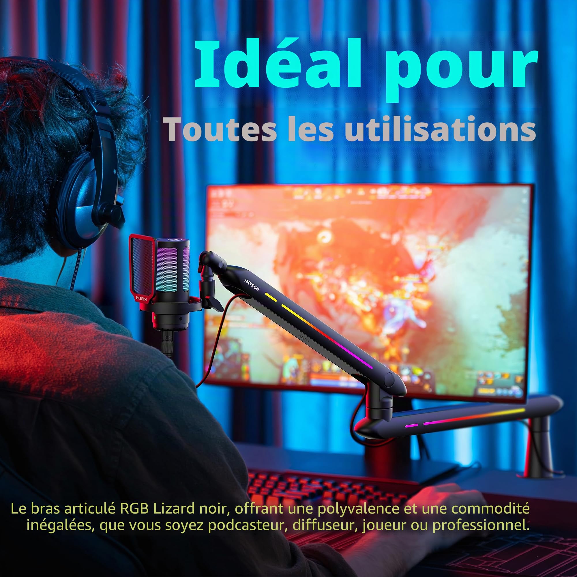 IXTECH Bras de microphone RVB à profil bas, support réglable avec pince de bureau, rotatif pour gestion des câbles pour podcast, streaming