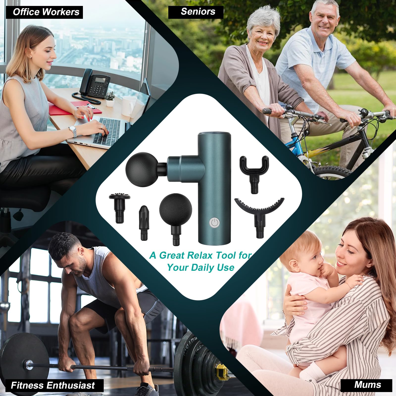 Mini pistolet de massage 3800 tr/min portable pour tissus profonds - Pistolet de massage à percussion musculaire - Pistolet de massage électrique portable avec 4 vitesses et 5 têtes pour la relaxation