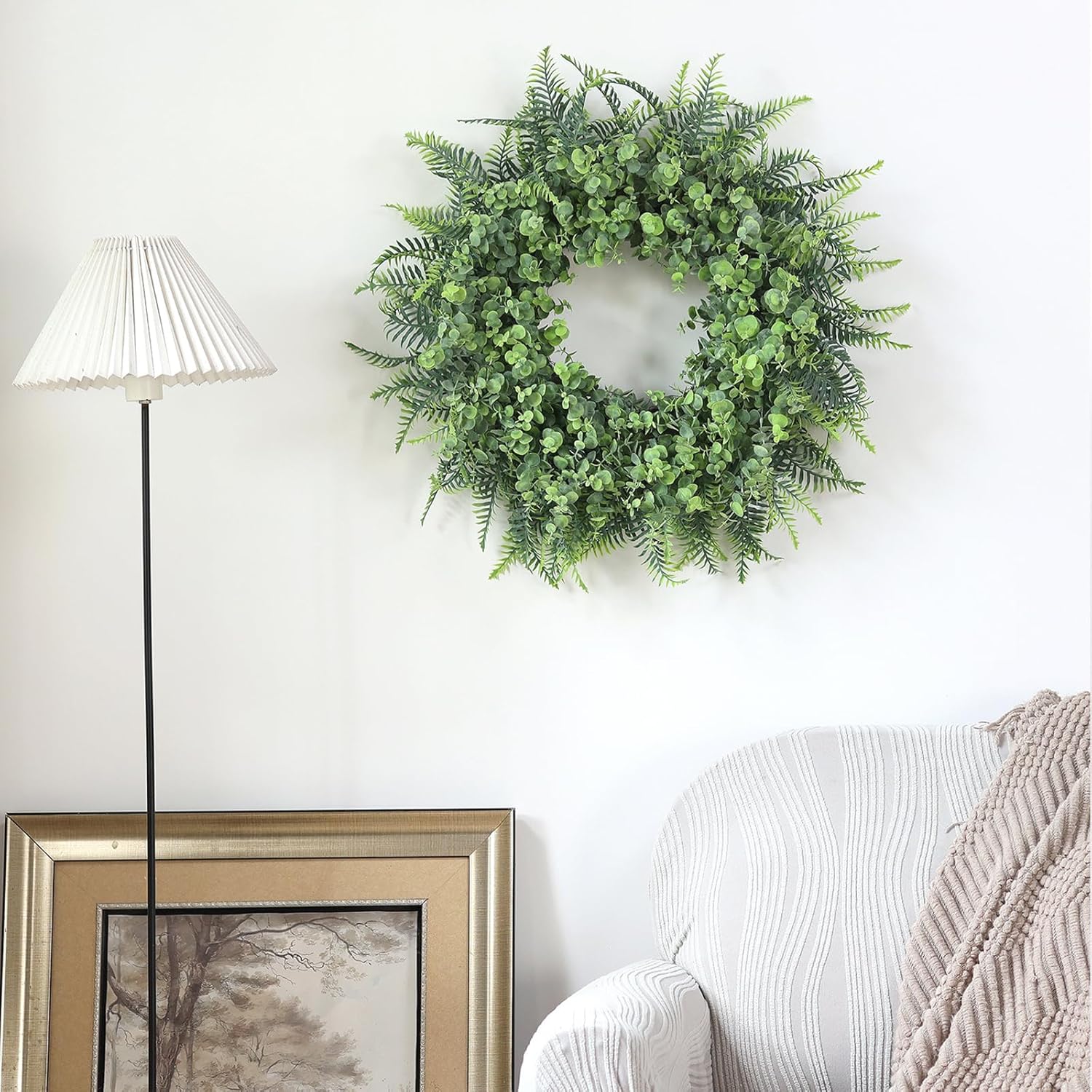 26'' Eucalyptus and Boston Ferns Wreath for Front Door - Large Artificial Greenery Outdoor Wreath for Porch,Window,Farmhouse,Home,Hanging Decor- Spring, Summer, All Seasons (Gray-Green) - Image 6