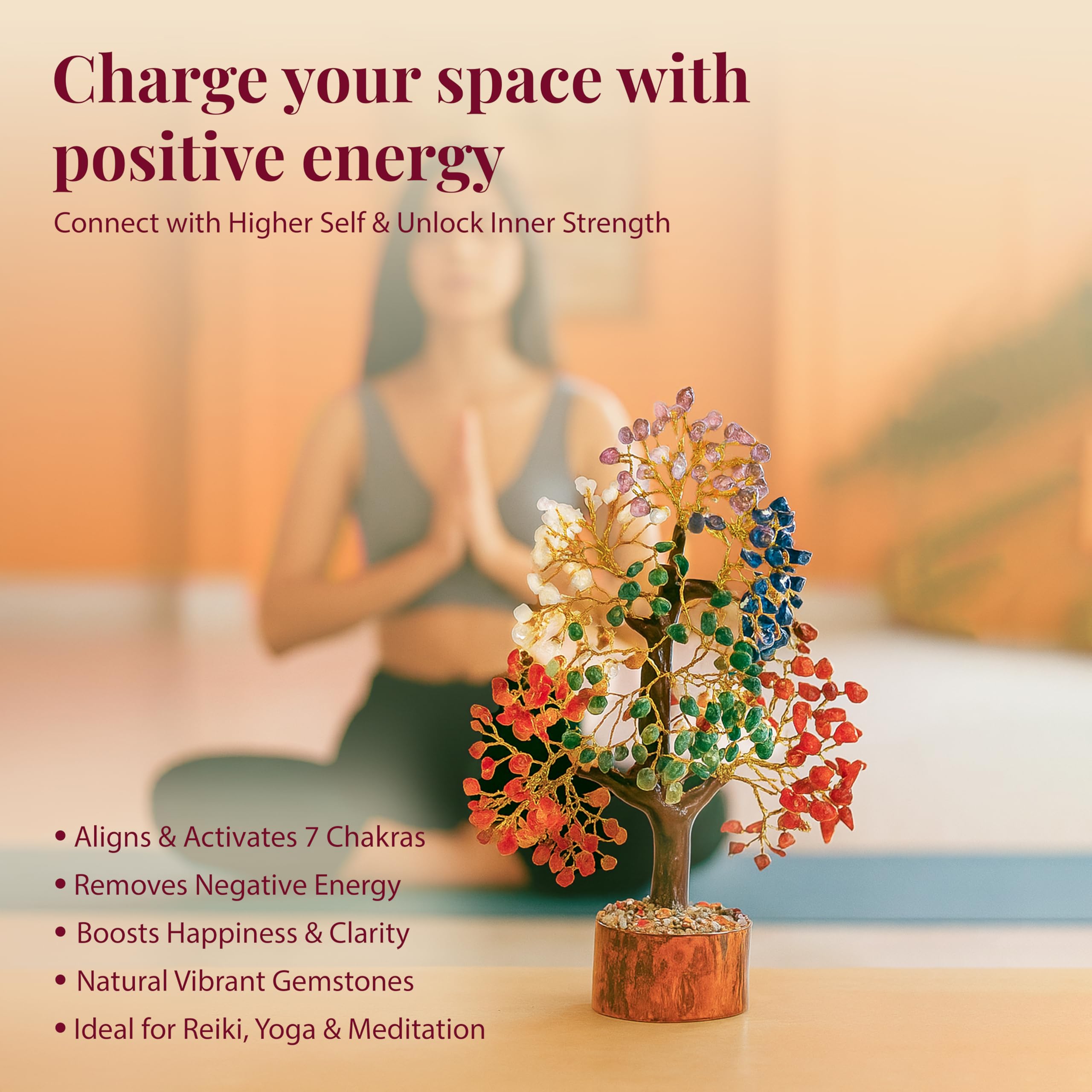 Arbre de vie en cristal 7 chakras – Bonsaï Feng Shui fait à la main, attire la chance – Arbre en pierres précieuses, cristaux de décoration d'intérieur – Arbre à sept chakras pour énergie positive,