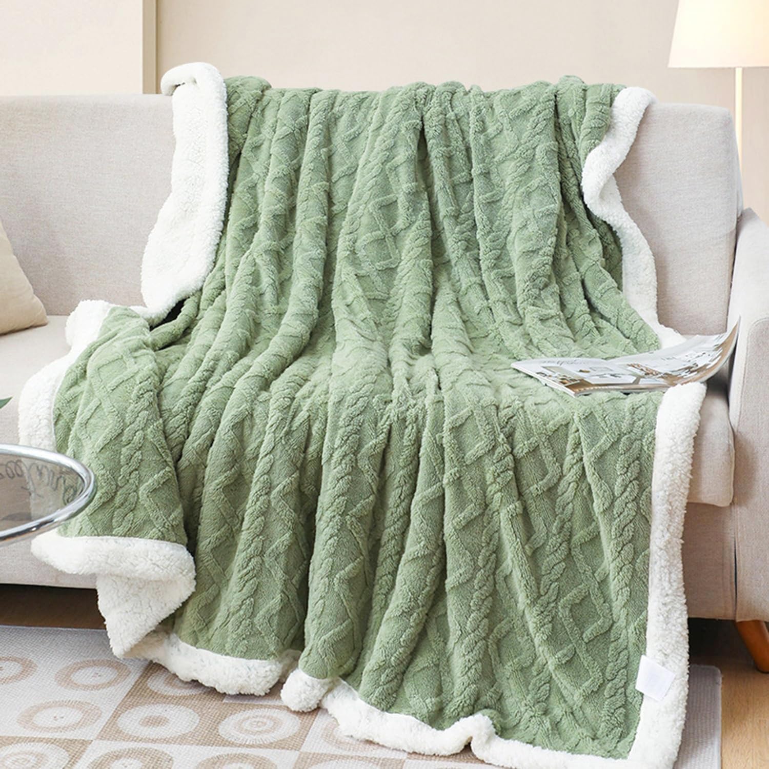 Flannel and Sherpa Blanket for Bed Sofa, Premium Microfiber Polyester Sherpa Blanket, Reversible Blanket, Soft, Comfortable, Warm Fluffy, Japanese Pattern, Green, 130x160cm