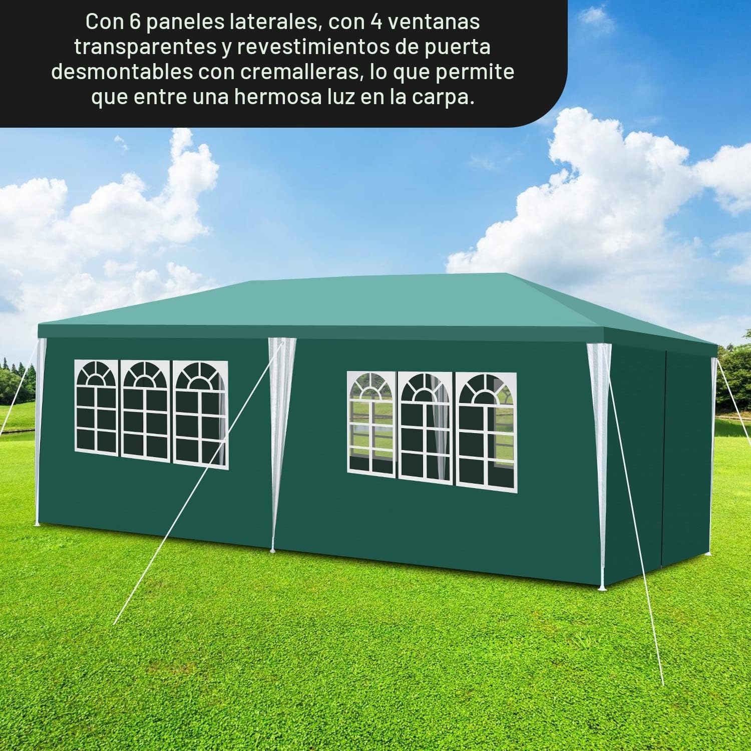 Daromigo Cenador impermeable de 3 x 6 m, color verde, para fiestas, protección UV, con paneles laterales y grandes ventanales, estable, resistente al invierno, para bodas, exteriores, jardín, fiestas