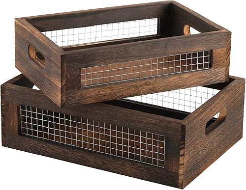 Dicunoy Juego de 2 cajas nido rústicas, cesta organizadora de madera, pequeños recipientes decorativos de alambre de madera con asa para encimera,