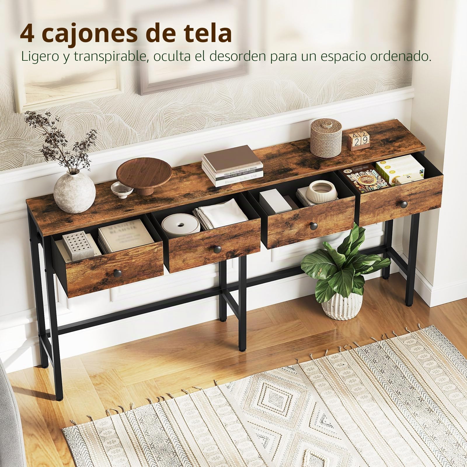 YATINEY Mesa de Entrada Estrecha y Larga, Mesa de Sofá de 160 cm, Consola Industrial, para Vestíbulo con 4 Cajones de Tela, para Salón, Entrada, Pasillo, Marrón Vintage y Negro XCT40BR