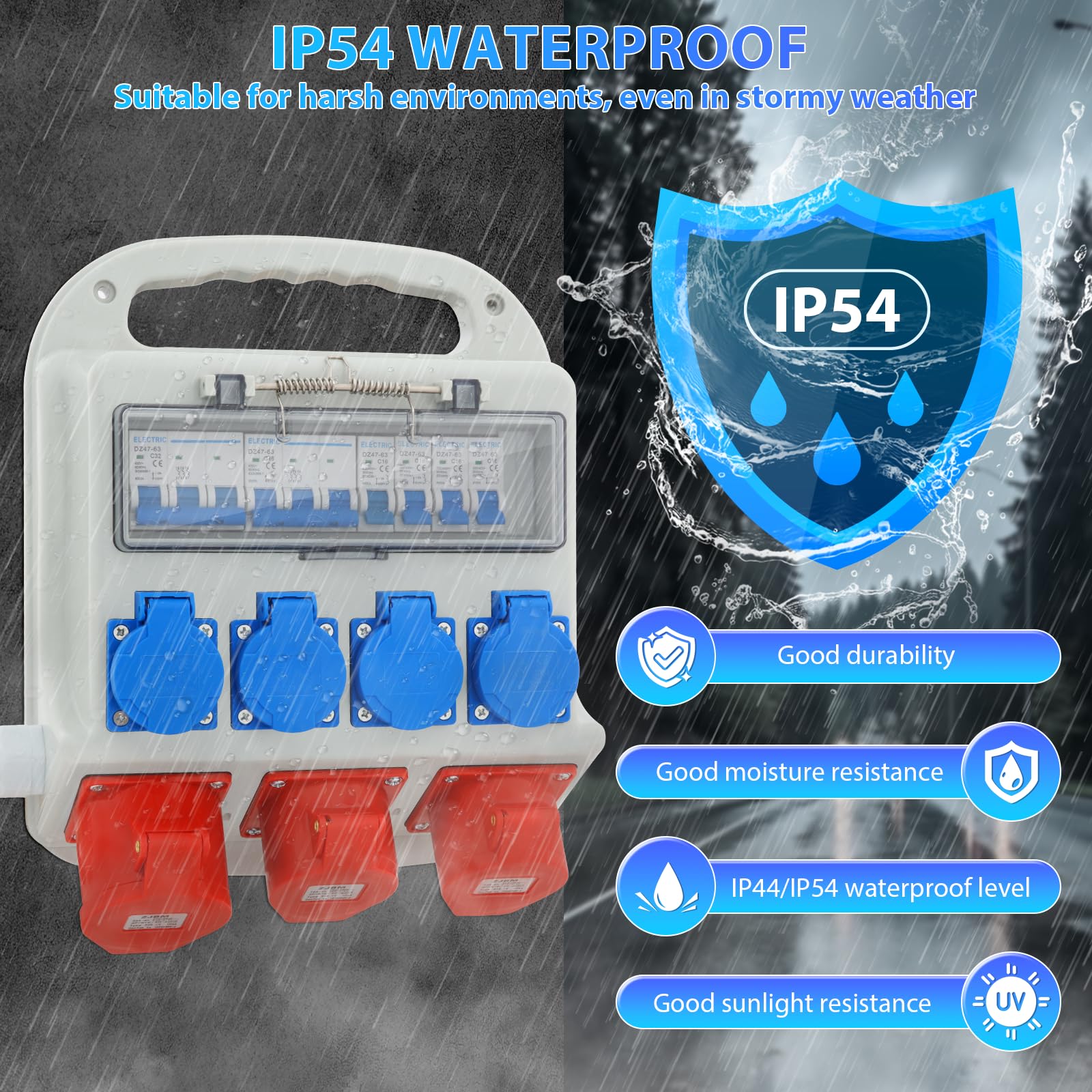 Distribuidor de Corriente para la Construcción 32 A 4 x 230 V + 2 x 16 A 400 V CEE + 1 x 32 A 400 V CEE, Protección Integral IP54, Distribuidor de pared con Tapa Abatible de Seguridad y Cable