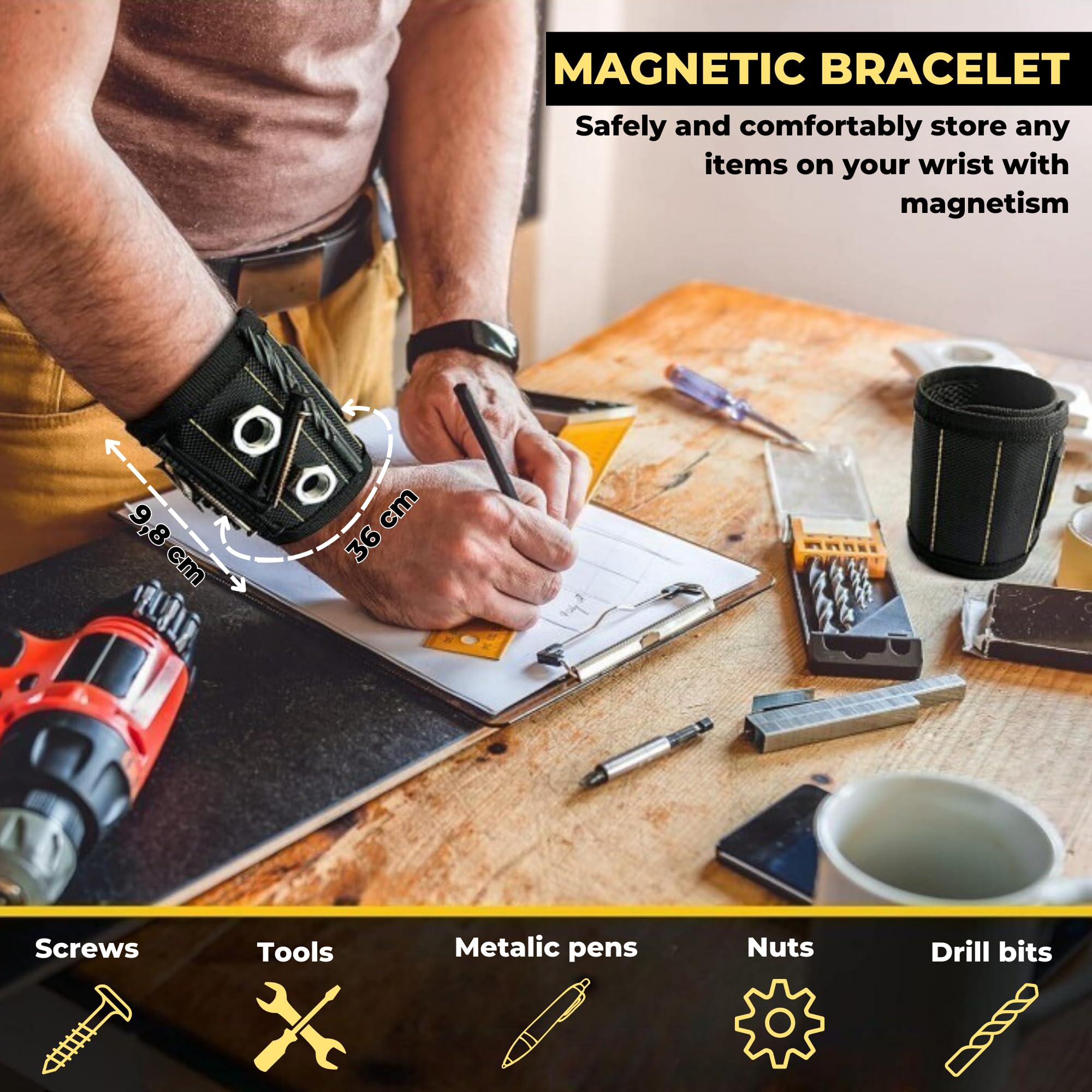 Attrezzi da Polso Magnetici, Bracciale Magnetico per Viti, Cinturino da Polso Magnetico per Chiodi, Punte da Trapano. Portautensili Magneti per Casa, Fai da te, Falegnameria, Riparazione, Meccanica
