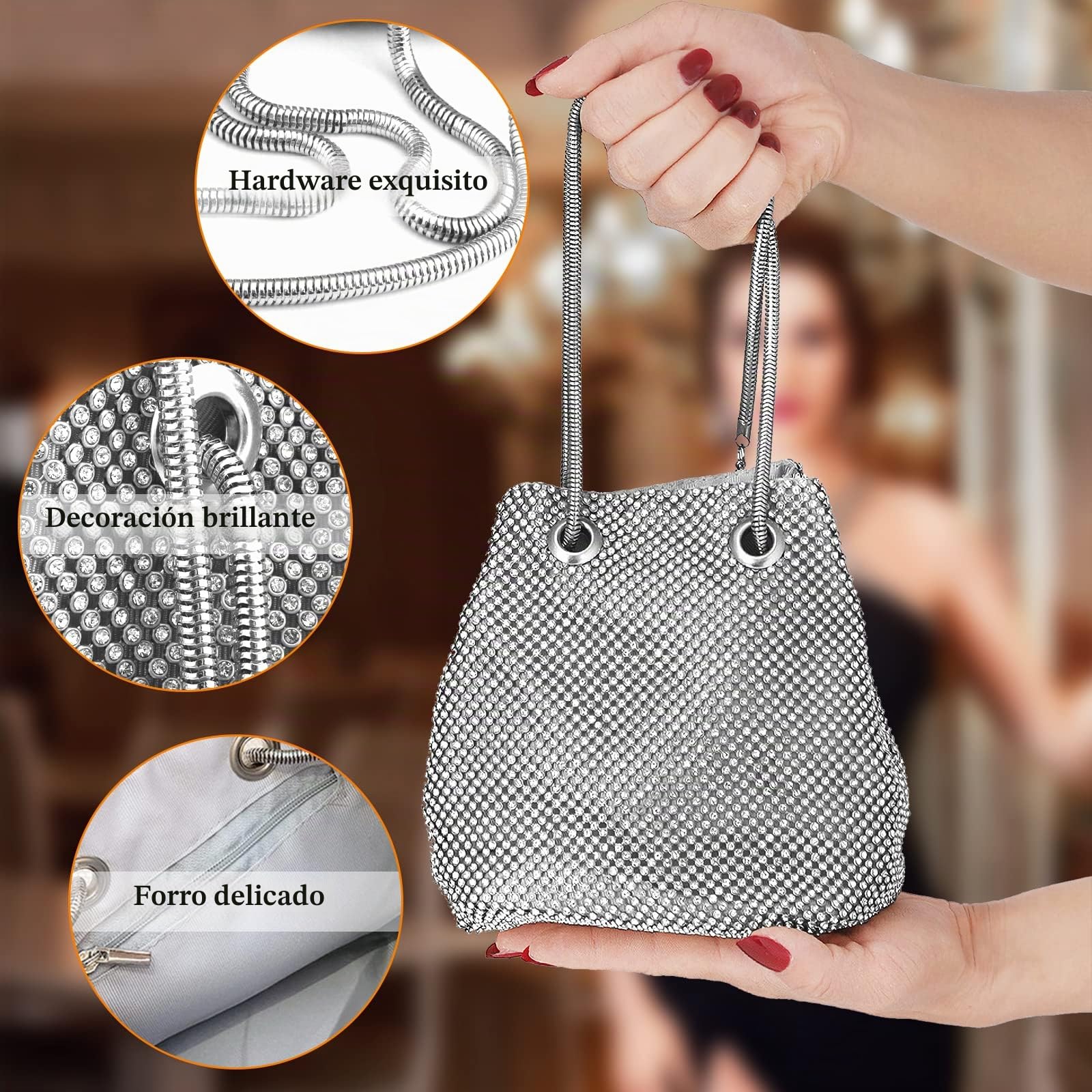 Bolsa de Noche para Mujer Diamantes de Imitación Clutch Bolso de Fiesta Elegante Bolso de Hombro Bolsos Bandolera Bolsas de Mensajero para Fiesta de Graduación Boda Banquete Plata