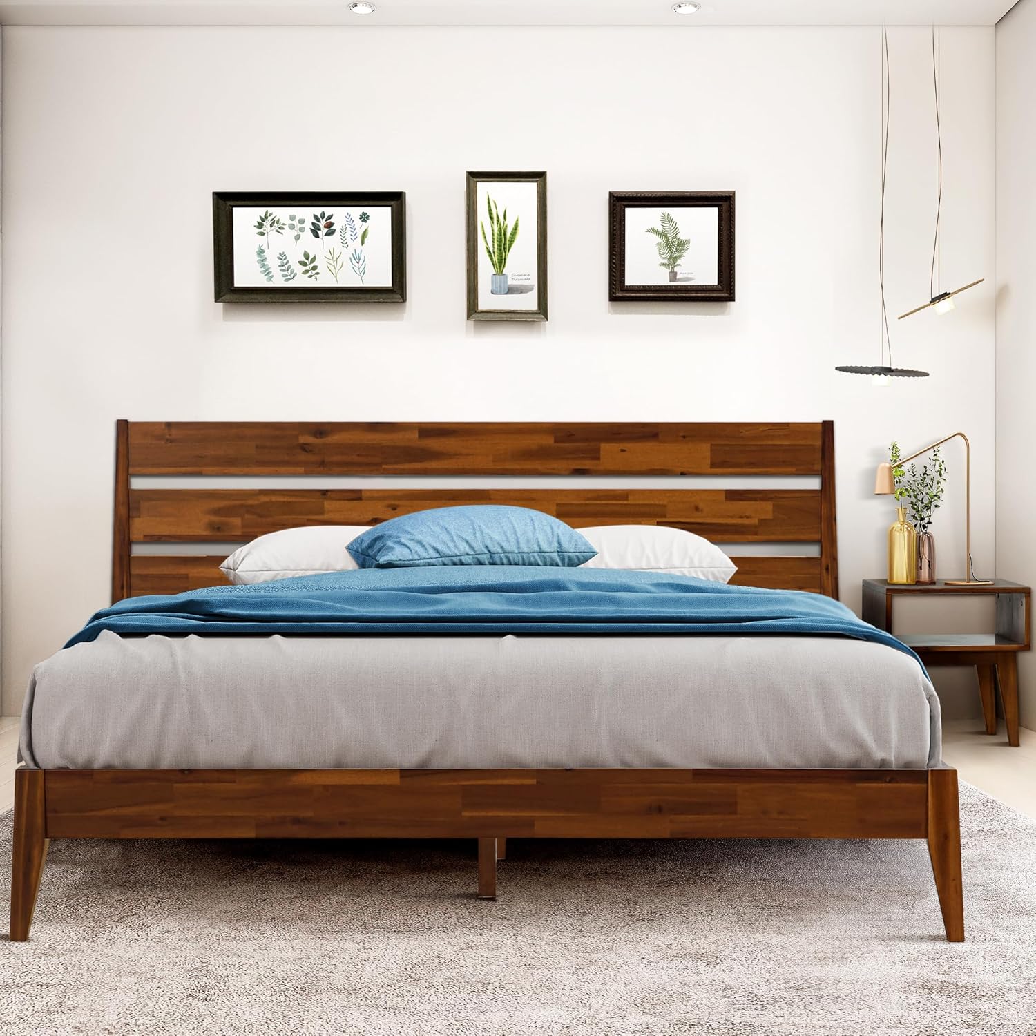 Acacia Emery Wooden Platform Bed Frame with Nightstand Set, Solid Wood