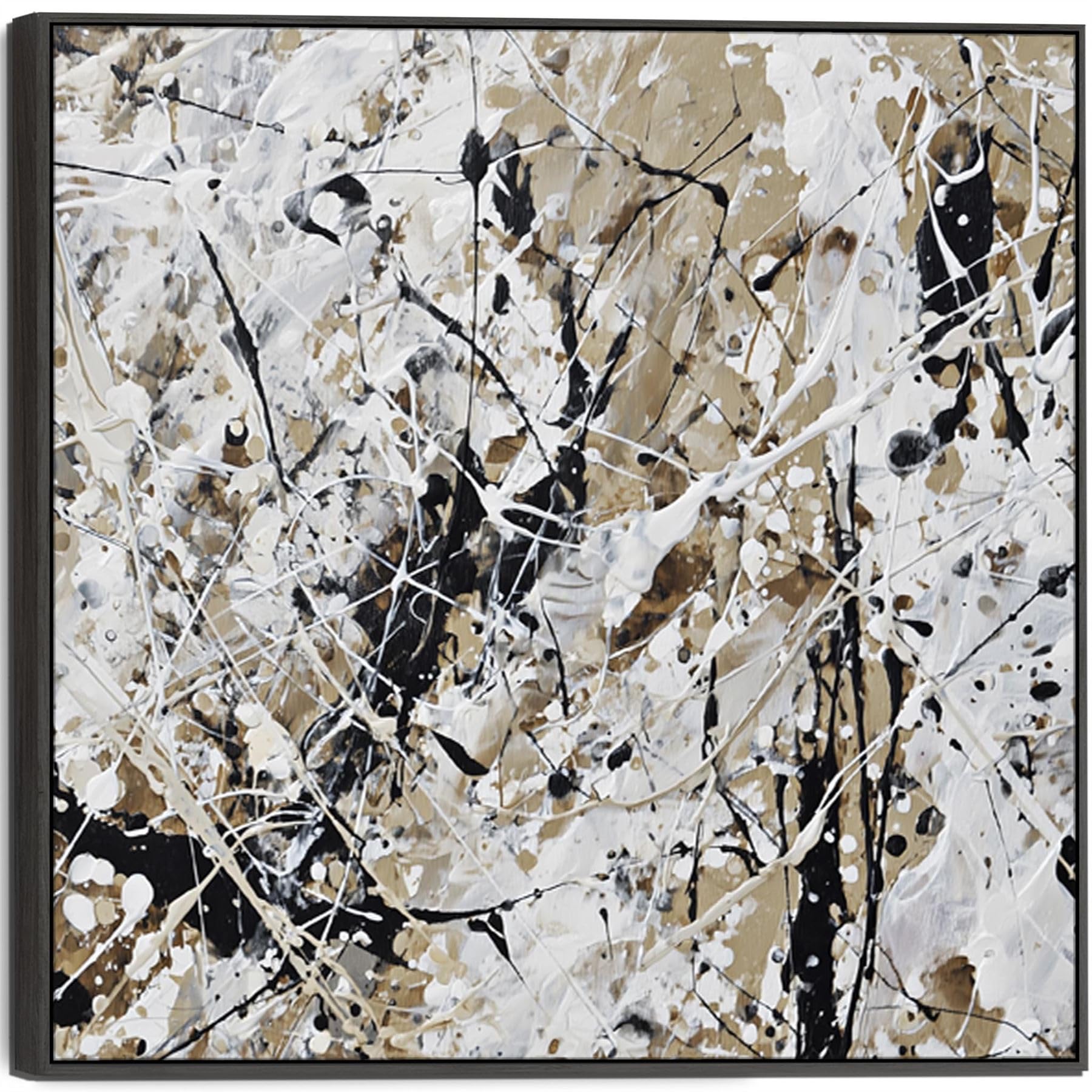 Wallfillers Cream Black Jackson Pollock Style Abstract Artwork Framed Neutral Impact (100Cm X 100Cm)