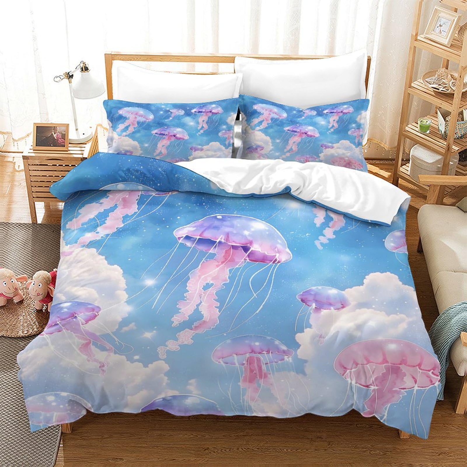 LIAOHENKAN Cute Jellyfish Cartoon 3Pcs Comforter Set Full Size Kids Boys Girls Decor Comforter Set Duvet Set Quilt Set Ultra Soft Room Decor Bedclothes with Zipper Closure Single（140x200cm）