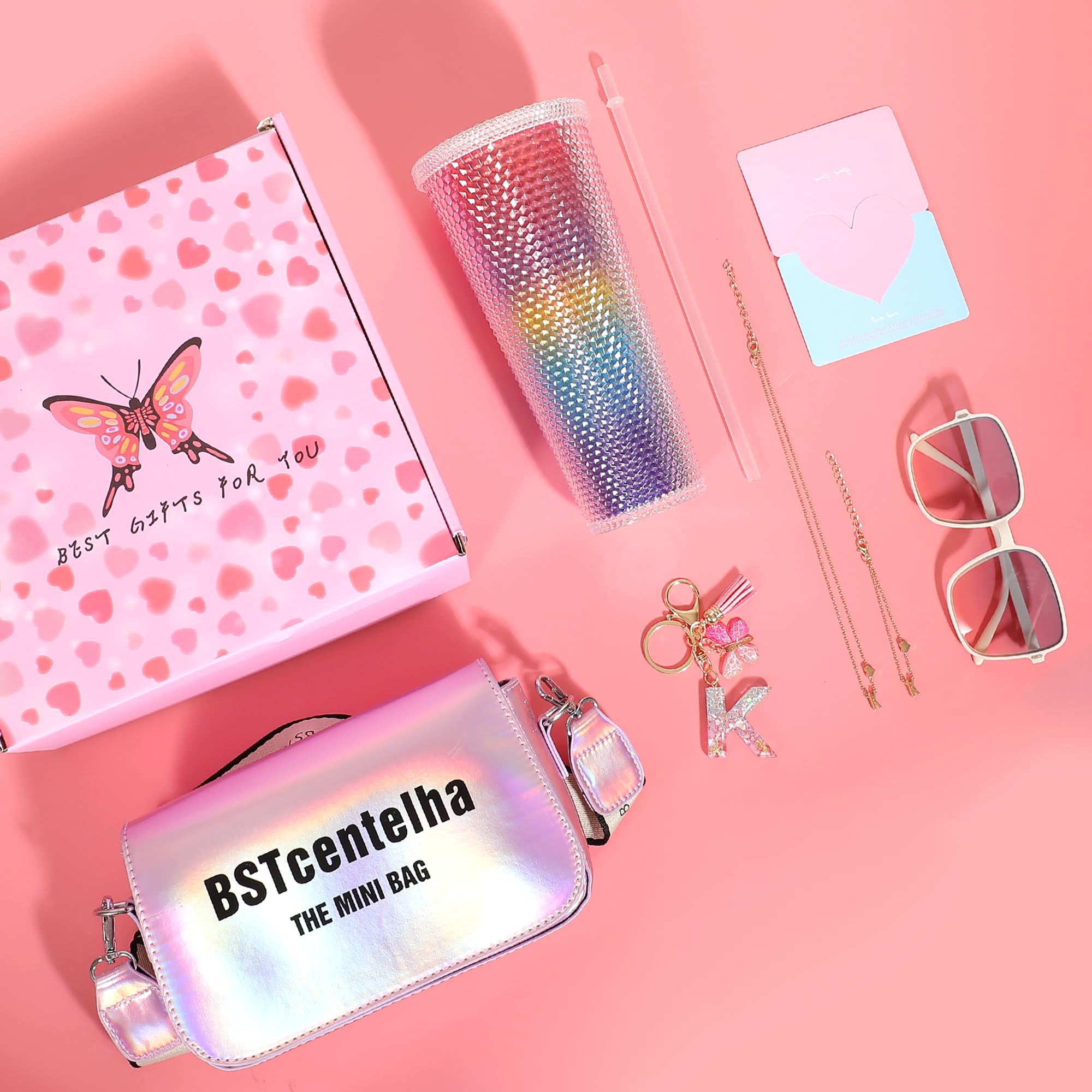 Cadeaux d'anniversaire personnalisés pour Les Filles âgées de 8, 9,10,11,12,13,14,15Ans | Bouteille d'eau d'arc-en-Ciel,Lunettes de Soleil,Porte-clés,Sac à bandoulière, Cadeaux pour filles