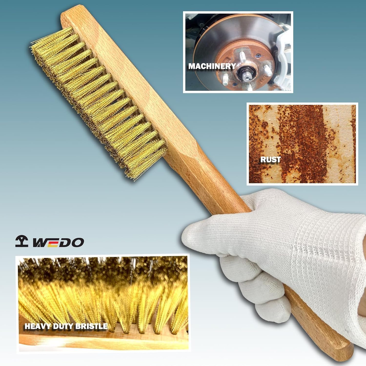 WEDO Szczotka mosiężna, szczotka druciana z miękkiego mosiądzu, rozmiar 290 x 29 mm, 4 rzędy, 16 kolumn, mosiężna szczotka metalowa, druciana szczotka do zarysowania z uchwytem z drewna bukowego, do