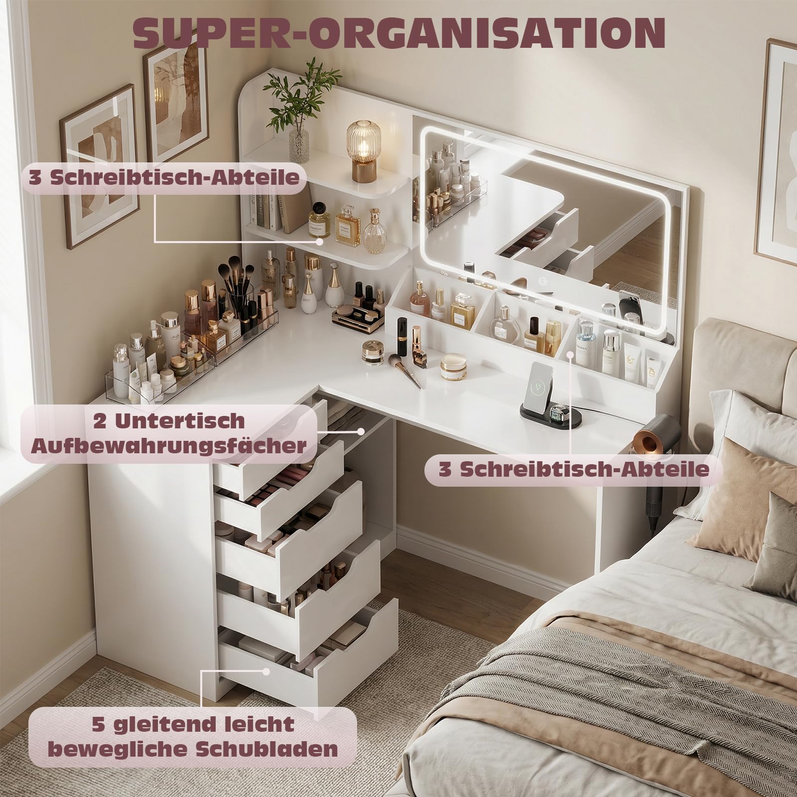 JUMMICO Schminktisch mit Spiegel und Licht, Eck Schminktisch L Hocker mit Beleuchtung LED 3 Farben, Make Up Table 120 breit mit 5 Schubladen und Steckdosen, Weiß