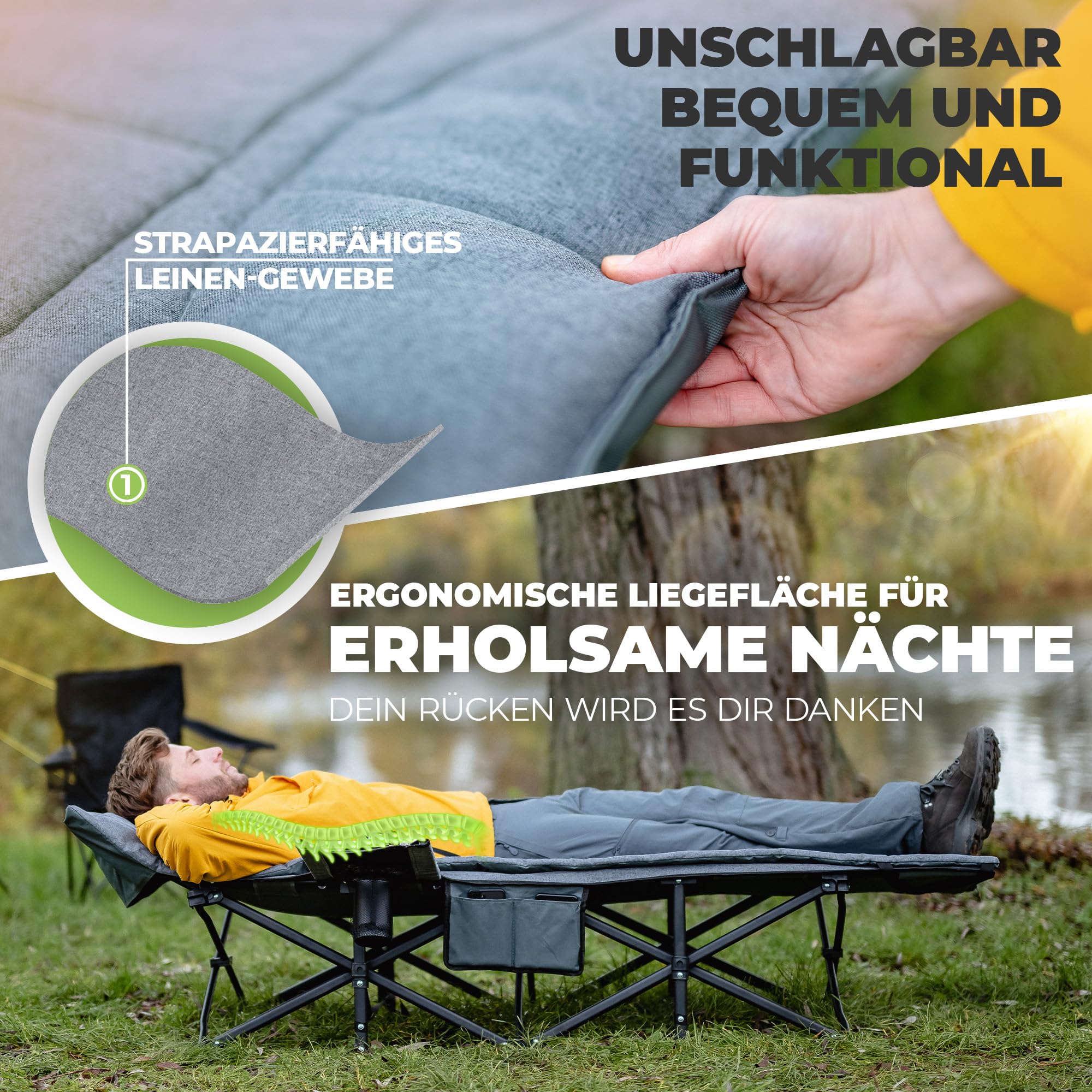 𝐍𝐎𝐑𝐃𝐈𝐂𝐓𝐑𝐀𝐈𝐋𝐒 Feldbett klappbar [Campingbett] XXL Campingliege | Faltbar, leicht & breit für Outdoor | Gästebett klappbar, Liege, Klappbett, Angelliege, Camping Karpfenliege | Mit Auflage