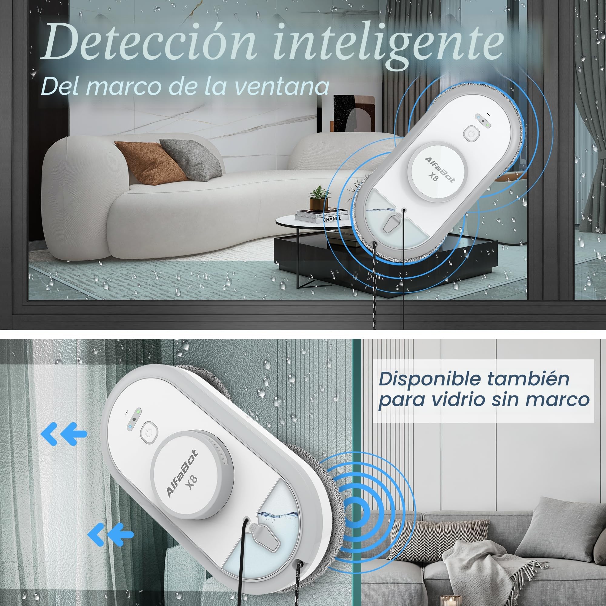 AlfaBot X8 Robot Limpiaventanas Eléctrico Inteligente, Limpieza Automática con Spray Bidireccional, Depósito 50ml, Aspiración 4980PA, Anti-Caída, para Ventanas, Espejos y Superficies de Cristal