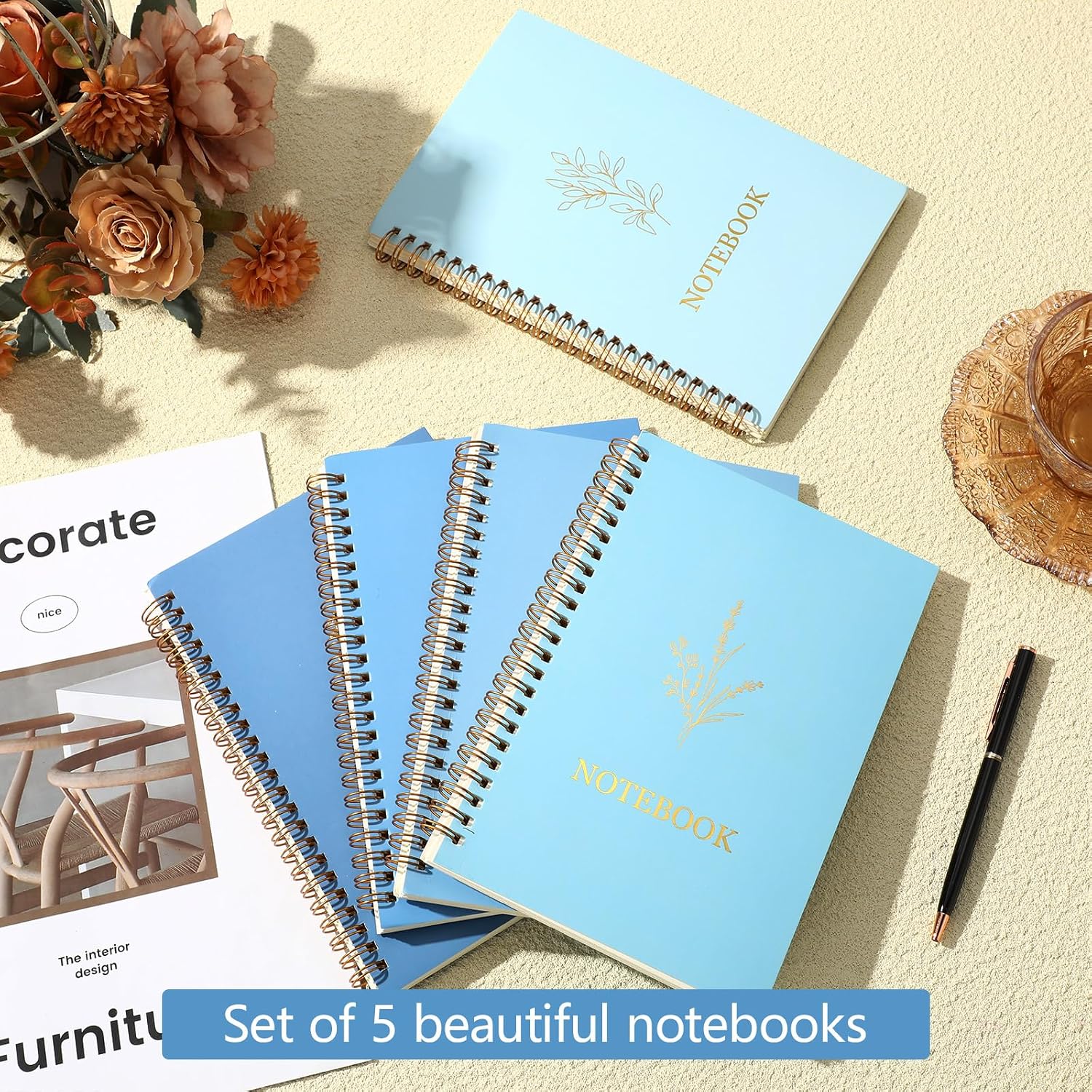 Gueevin 5 Pack Spiral Notebook Aesthetic School Supplies A5 Wide Ruled 160 Pages/ 80 Sheets Cute Notebook for Work Students School Office Supplies(Gradient Blue,Classic) image 3