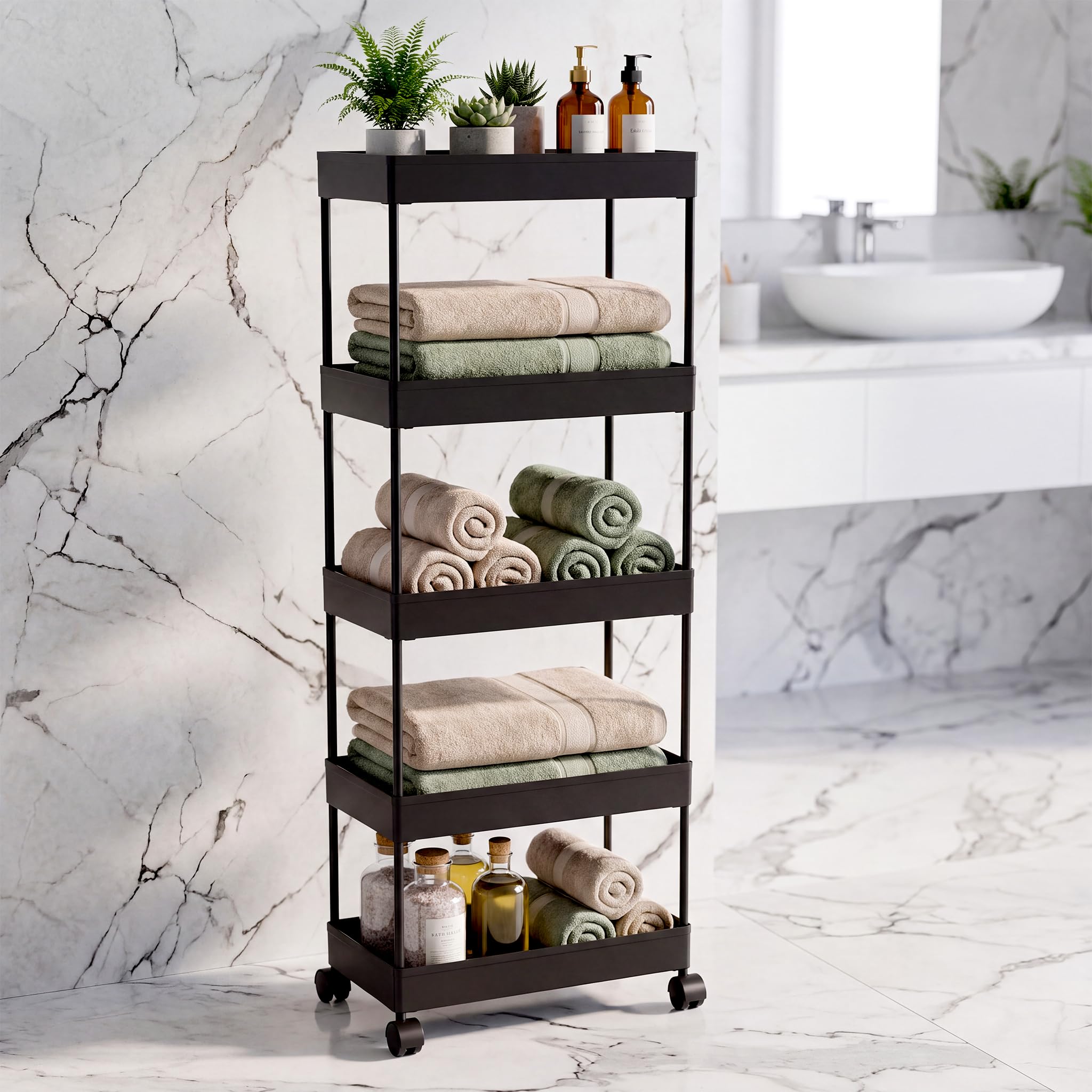 TEX-RO Plastic Storage Rack for Bedroom | Shelf for Bedroom | Bathroom Storage Rack | Trolley for Kitchen Storage | Multipurpose Storage Rack (Black, 5 Layer)-image-11