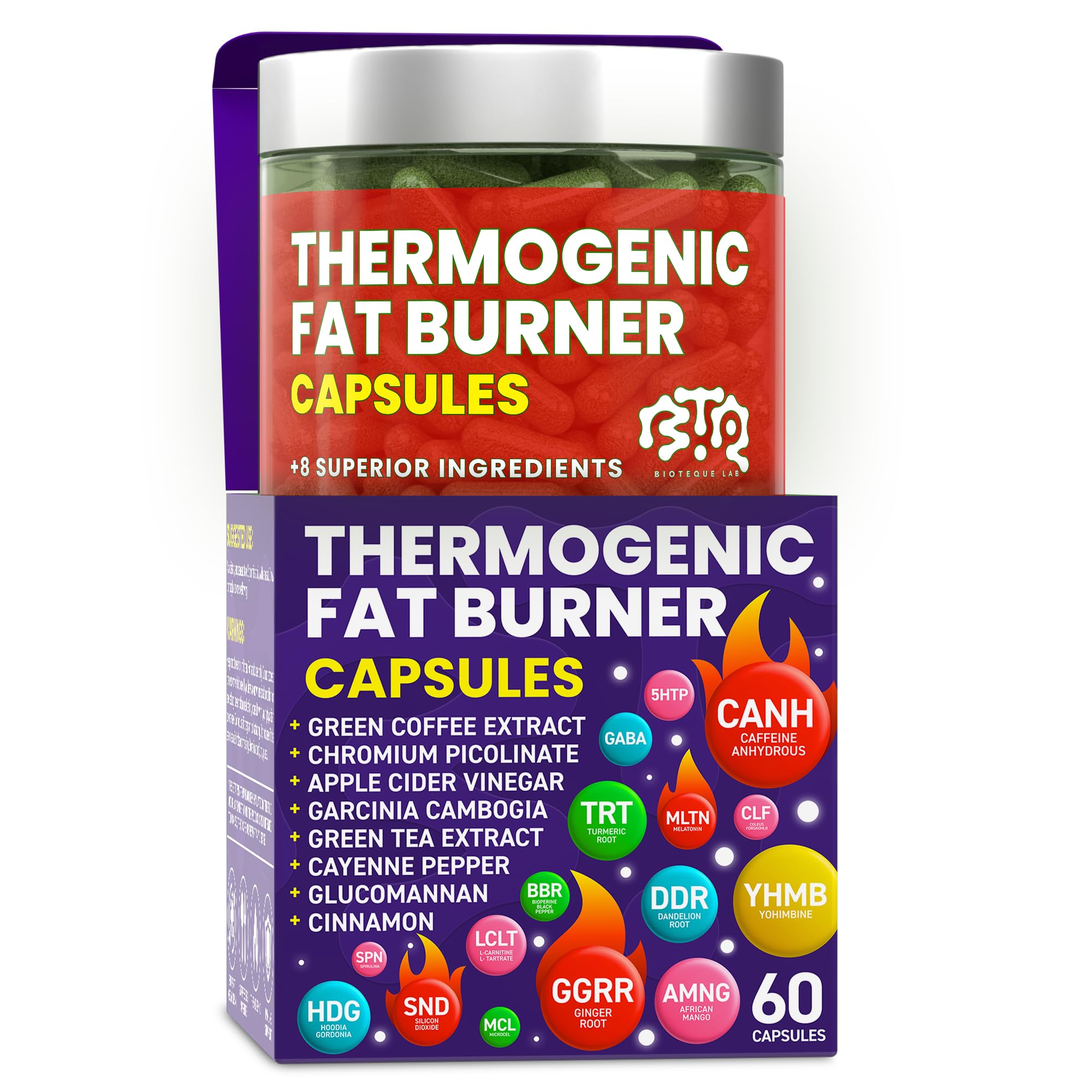 Cápsulas termogénicas quemadoras de grasa - Pastillas para bajar de peso para mujeres y hombres, supresoras del apetito, potenciadoras del metabolismo - Té verde, extracto de café, garcinia cambogia - Pastillas para adelgazar - 60 cápsulas