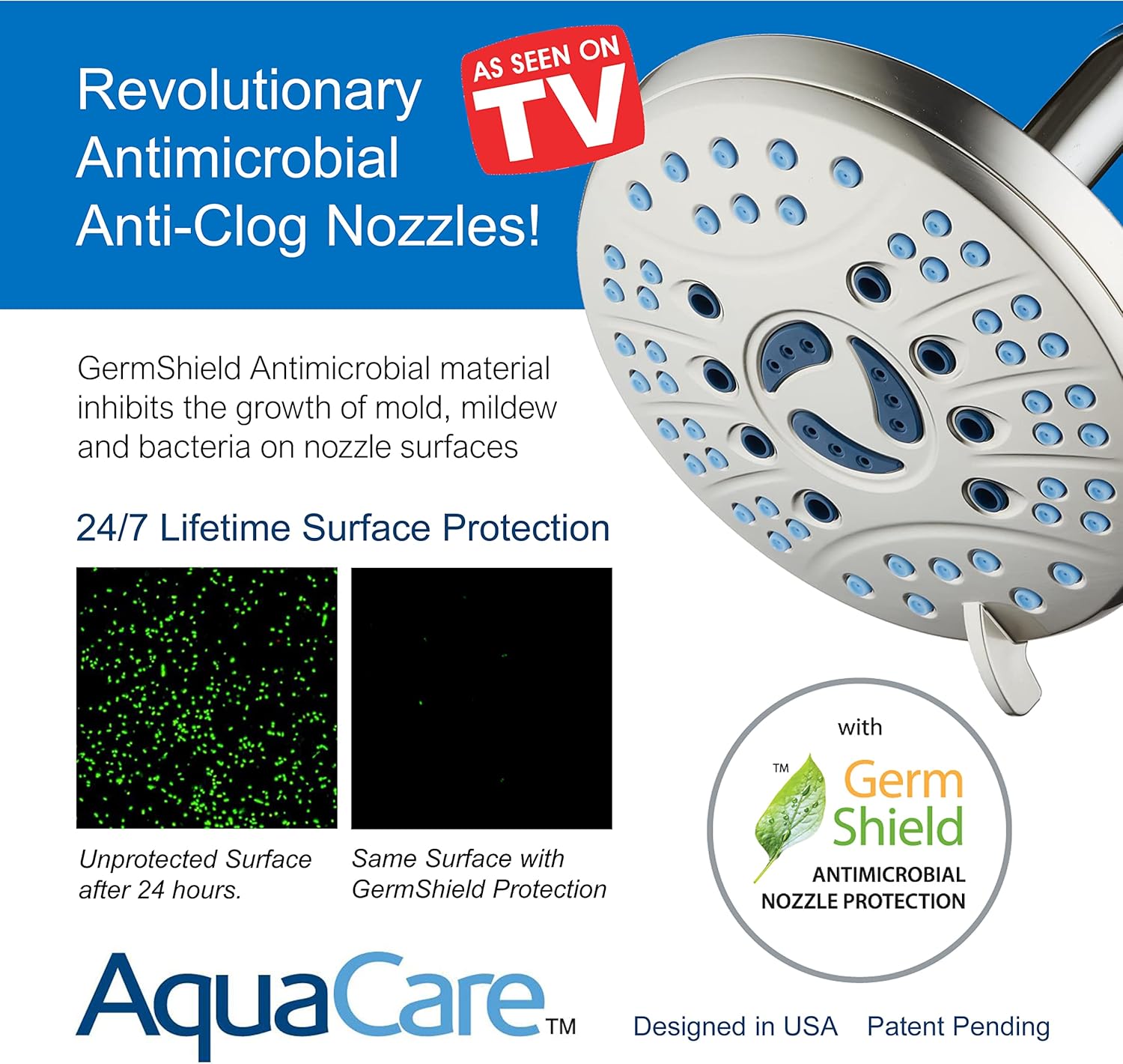 6-Setting Nickel Rainfall Shower Head with Anti-Clog Nozzles
