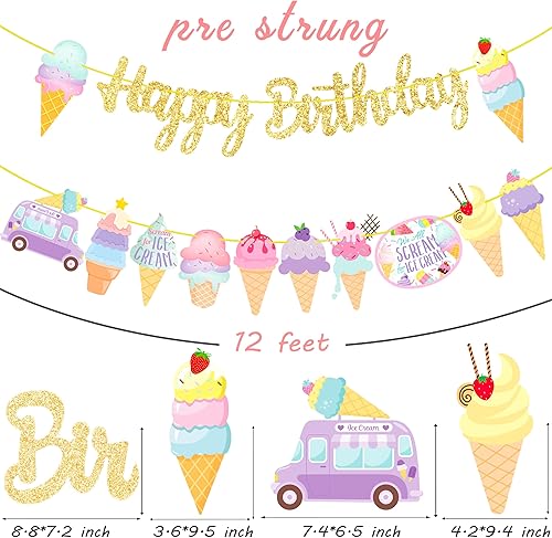 Miniatura 5 de C L cooper life Pancartas de helado de feliz cumpleaños, 2 piezas de decoración temática de helado con purpurina dorada para suministros frescos de