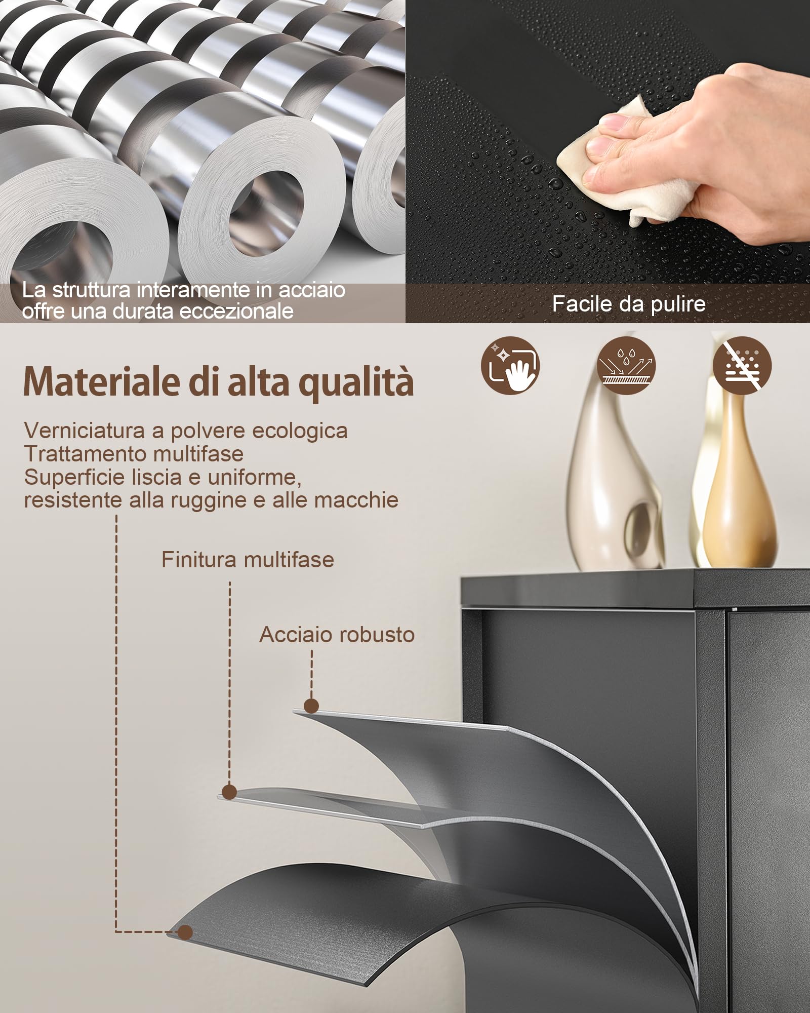 LAND·VOI Armadio in Acciaio 3 Ripiani con Serratura Ripiani Regolabili Ante a Doppia Porta Armadio per Ufficio Mobile in Metallo per Ufficio Garage Cucina Officina 80×40×91.5 cm Nero