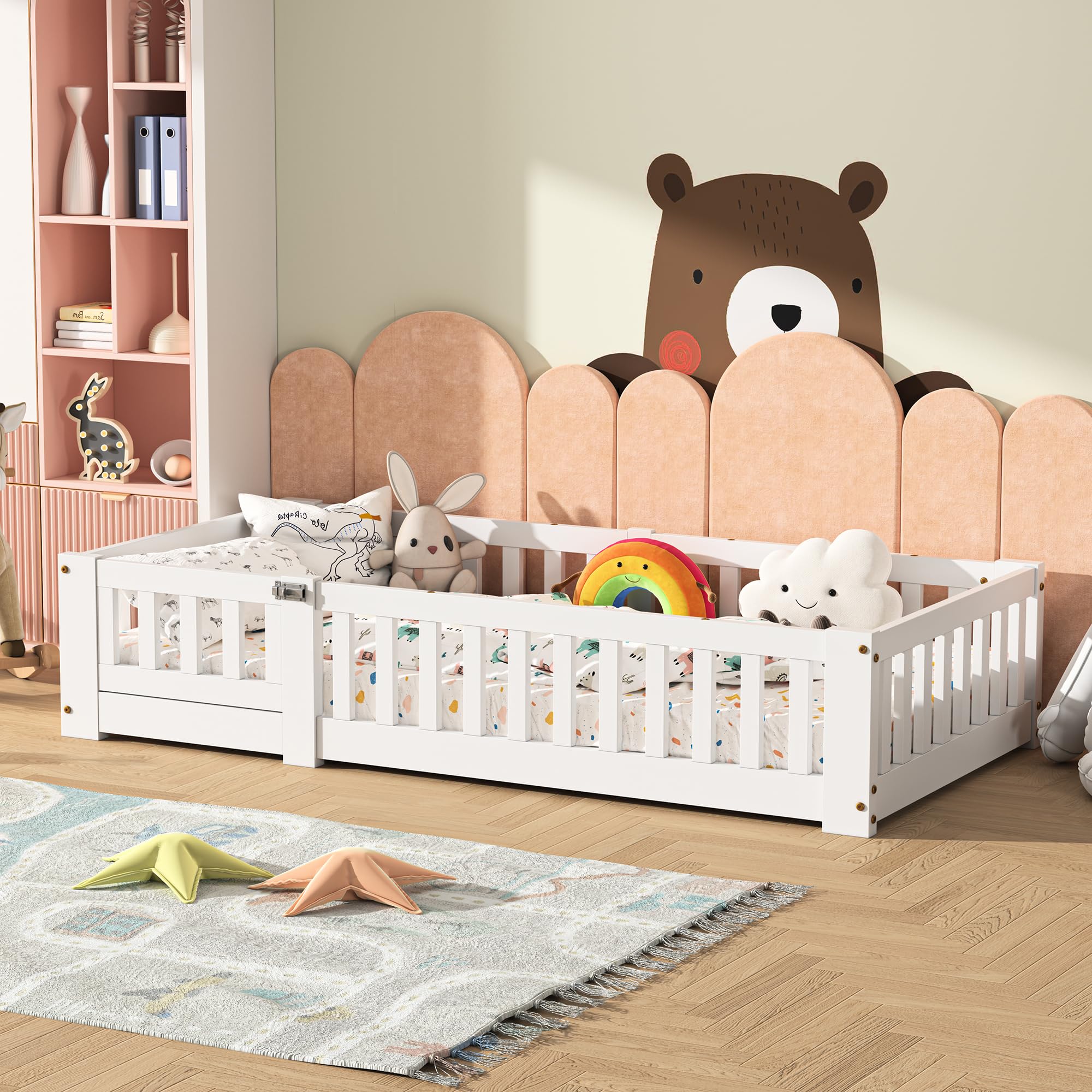 Cama infantil 90x190 cm, cama Montessori en el suelo de madera maciza pino con protección contra caídas y somier de láminas, cama de barrotes para niños y niñas, color blanco
