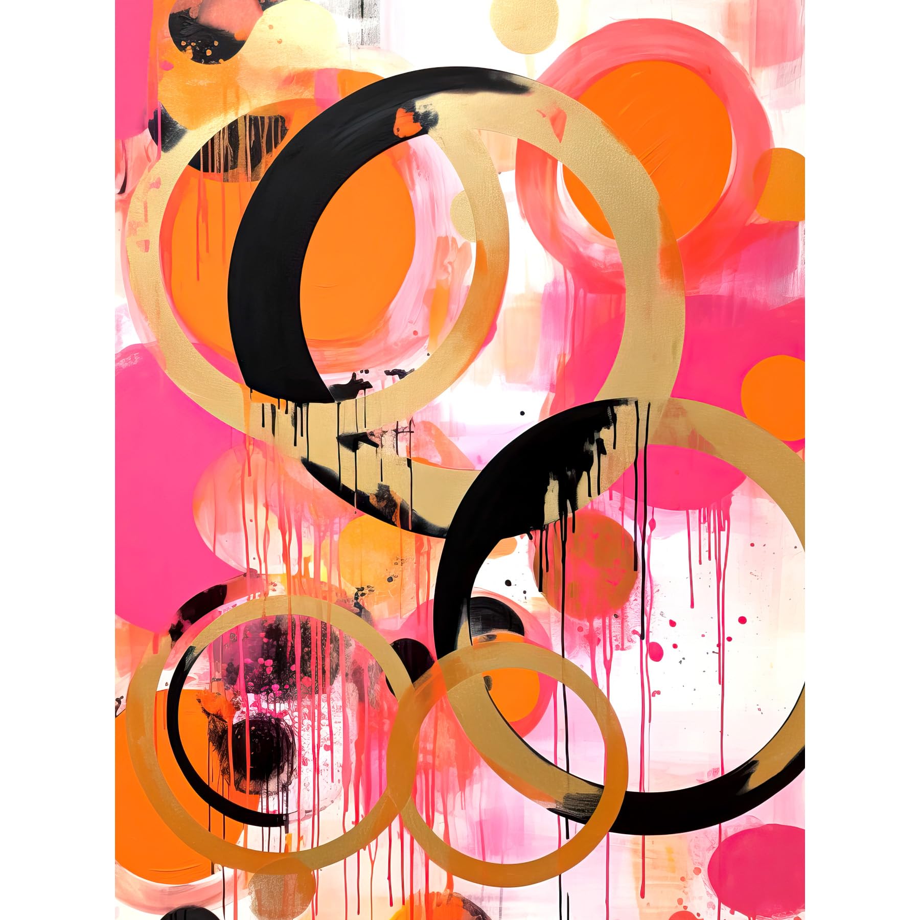 Artery8 Abstract Circles Oil Painting Bright Pink Orange Gold Black Geometric Drip Paint Large Wall Art Poster Print Thick Paper 18X24 Inch