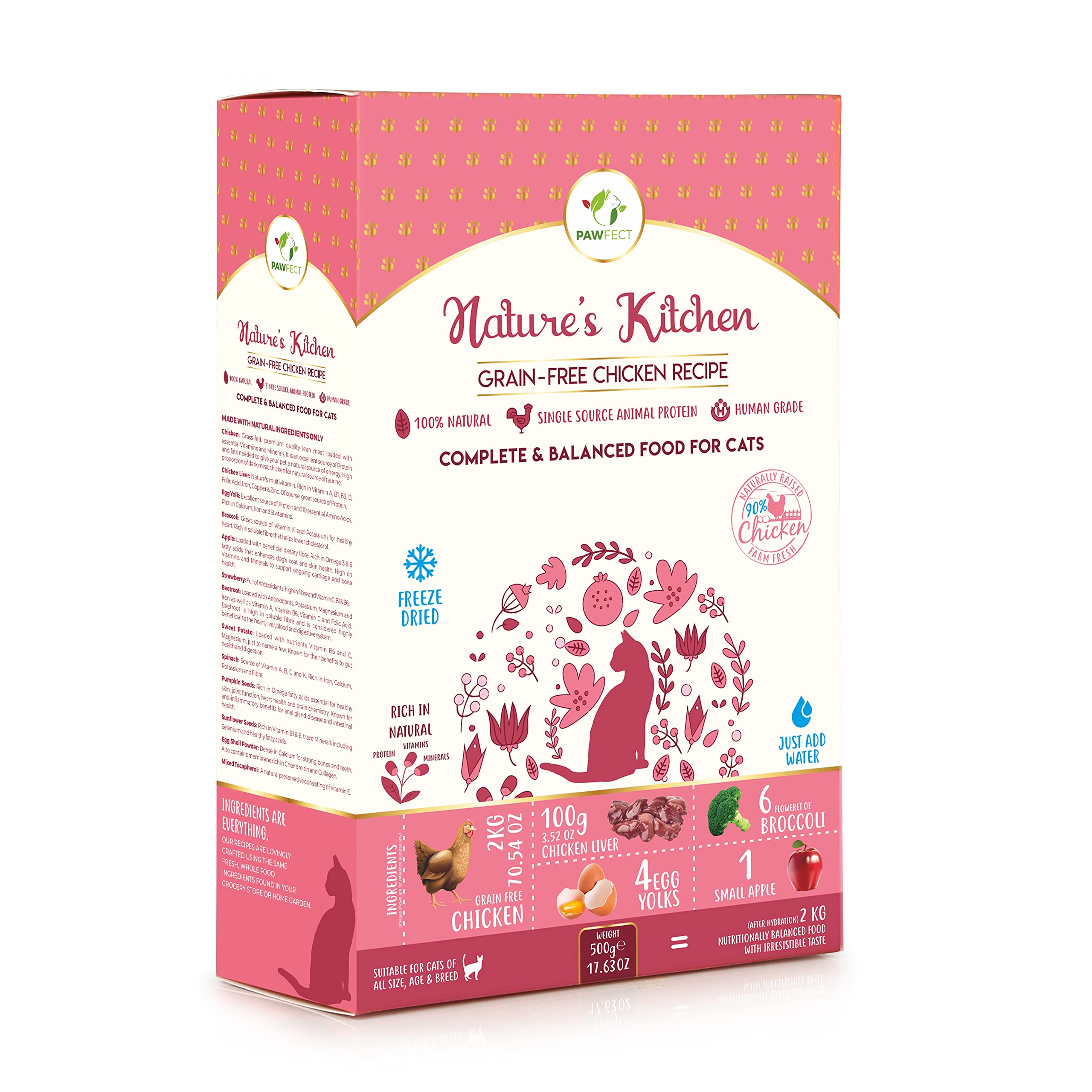 Pawfect Nature's Kitchen Freeze-Dried Chicken Recipe Cat Food | Complete & Balanced Meal | Lean Protein for Muscle & Weight Control | 100% Natural | Grain-Free | Supports Vitality (500g/17.64oz)