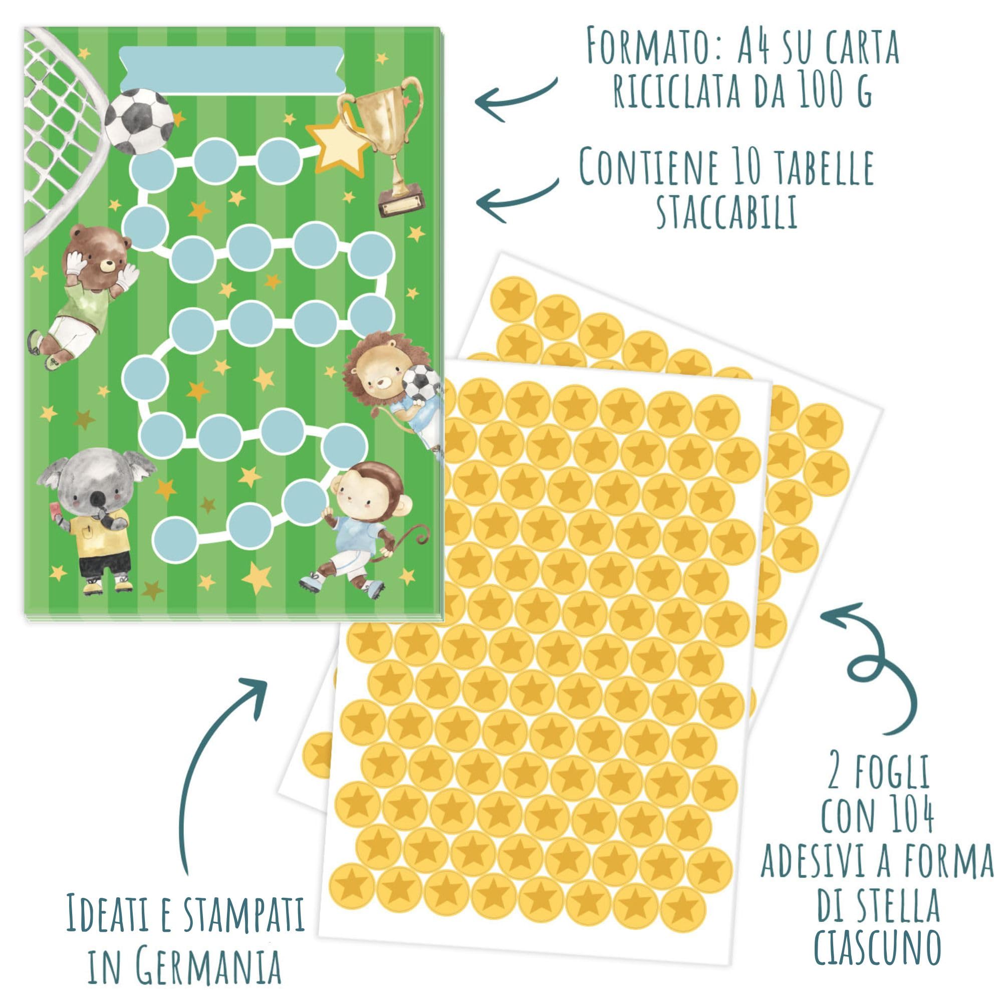 Set di 10 tabelle delle ricompense Calcio con adesivi a forma di stella per bambini