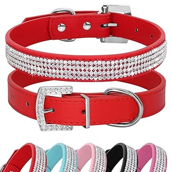 Didog Full Crystal Rhinestones Shining Diamonds PU Leather Dog Pet Collars for X-Small Small Dogs Red,12-15