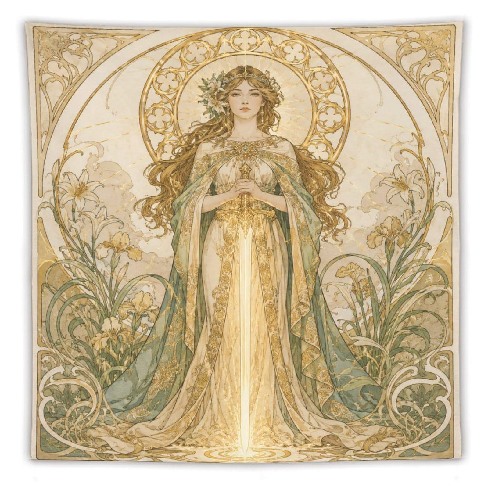 H3B8U2Y5 Golden Goddess Glowing Sword Wall Tapestry, Sacred Botanical