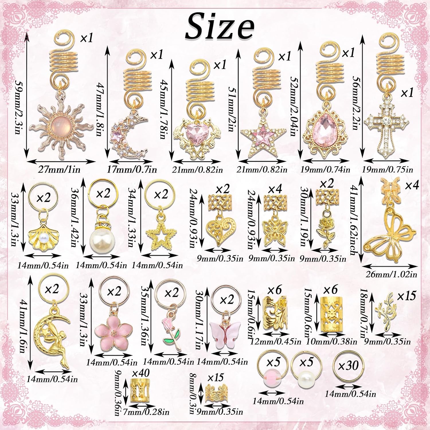 154PCS Hair Jewelry for Braids Pink Crystal Loc Jewelry | Butterfly Heart Braid Clips, Pearls Flower Dreadlock Charms, Multi Style Hair Accessories for Women Girls