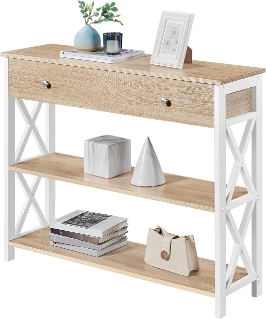 Yaheetech Console Table for Living Room, Industrial Entryway Table with Drawer and Storage Shelves, Sofa Table Side Table for Hallway/Living Room/Bedroom Metal Frame, Light Oak
