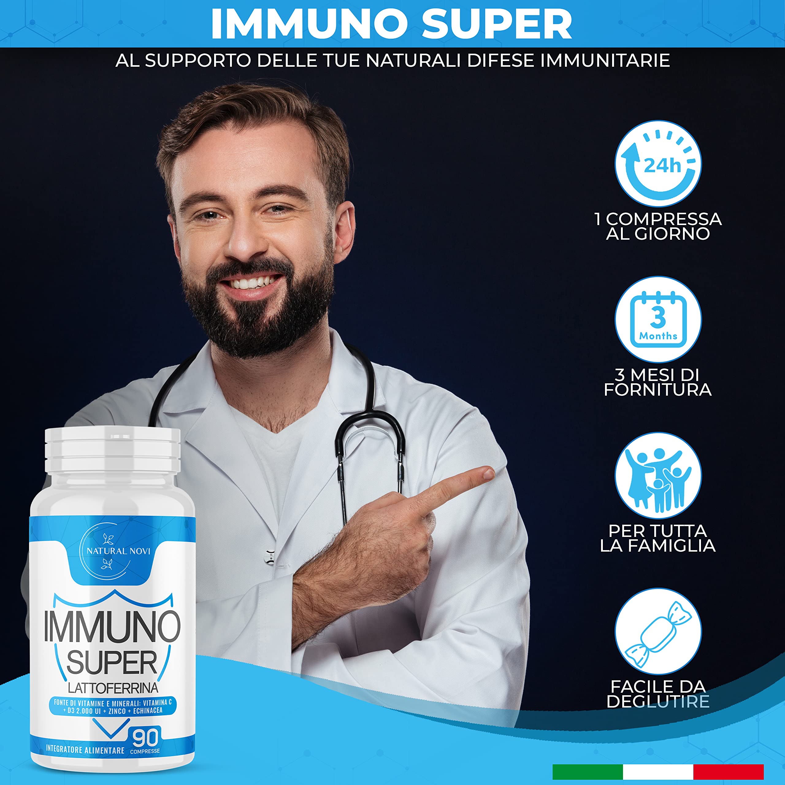 Immuno Super Lattoferrina Pura | 90 Compresse alto dosaggio | 3 mesi di Fornitura | con Vitamina D 2.000 UI | Echinacea | Vitamina C | Zinco | Immuno Stimolante | Rinforza sistema Immunitario