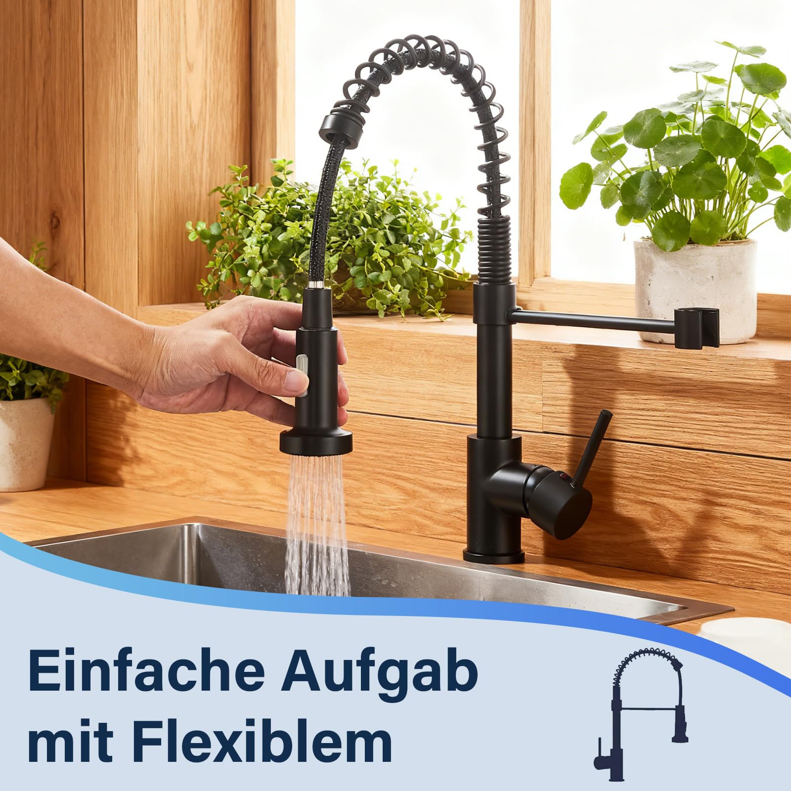 Wasserhahn Küche Schwarz Küchenarmatur mit Brause Mischbatterie Küche 360° Drehbar 2 Sprühfunktionen Spültischarmatur
