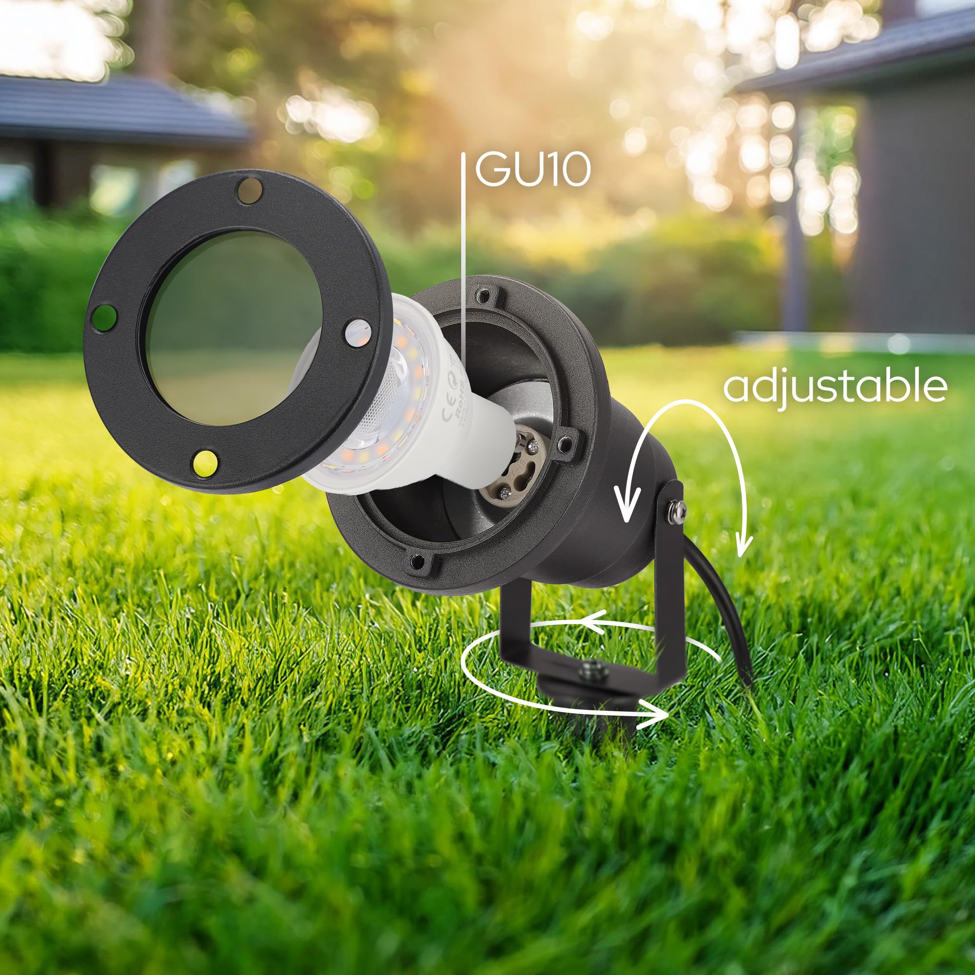 EDO Foco de Jardín con Estaca para Tierra GU10 HORTUS Negro – Lámpara Proyector de Exterior Orientable, IP65 Impermeable, Luz de Aluminio para Terraza, Césped, Camino, Patio, Cable de 25 cm