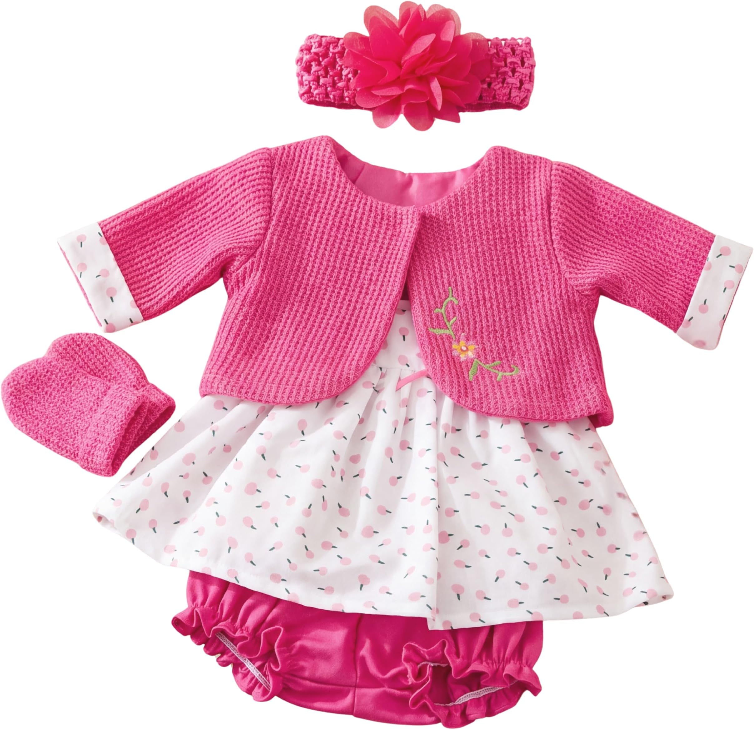 BiBi Doll Baby Girl Doll & Reborn Clothes Set, 20" (50cm) - Pink Floral Dress Outfit with Cardigan & Headband - Role Play Toys & Accessories for Girls & Boys