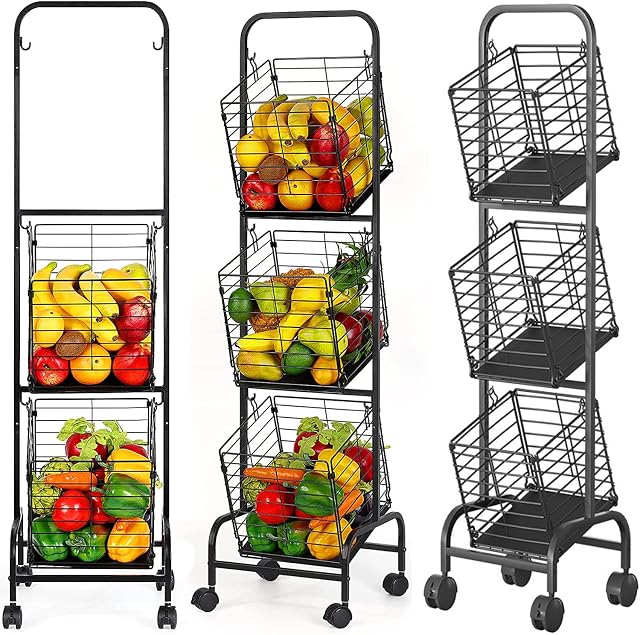 ybaymy 3 Tier Fruit Basket Vegetable Storage Trolley on Wheels Metal Trolley Baskets Market Basket Storage Stand Metal Hanging Basket Stand Organizer for Kitchen, Bathroom,Garage