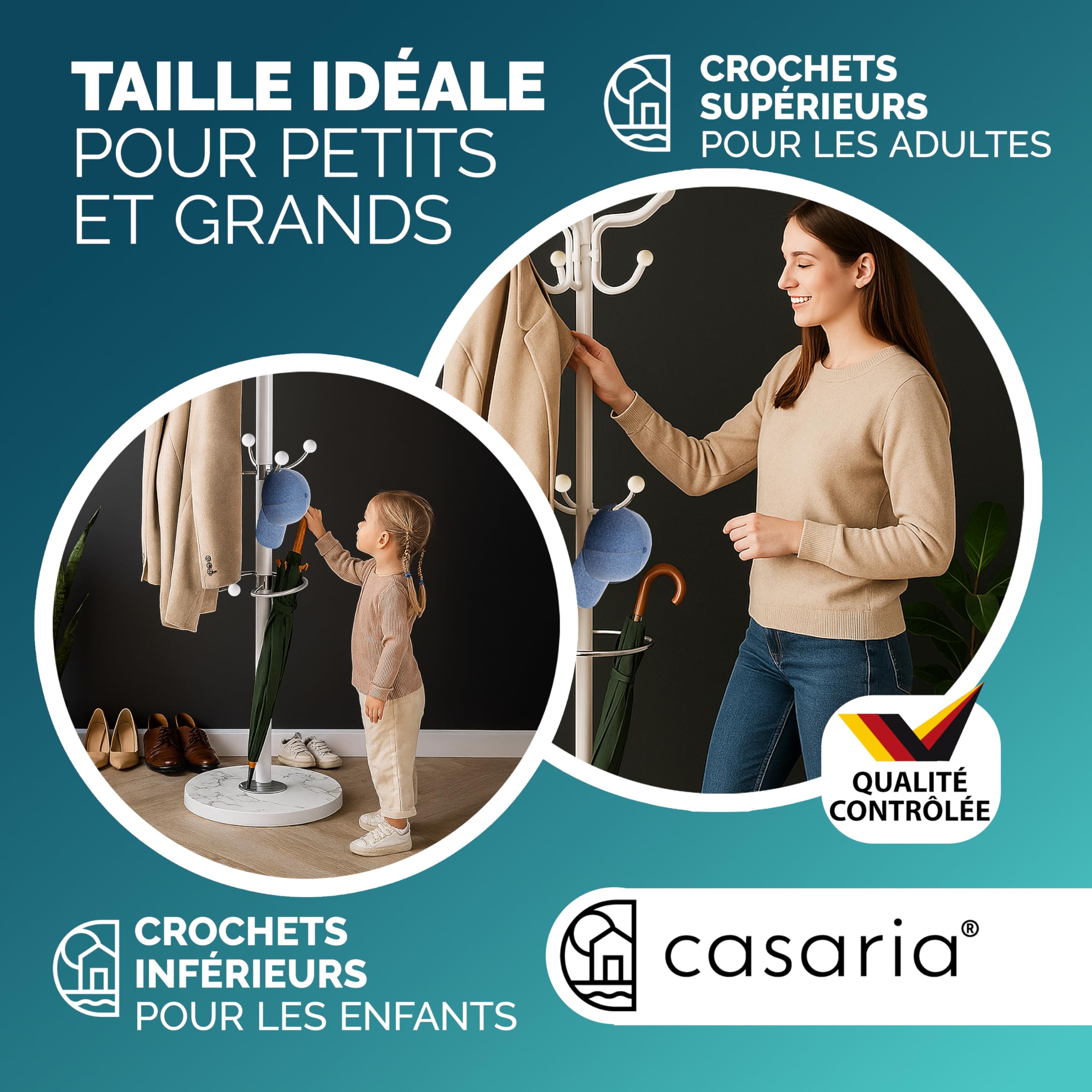 Casaria® Porte-manteau avec socle Noir en marbre 14 crochets 37x37x175cm portemanteau sur pieds stable tête pivotante